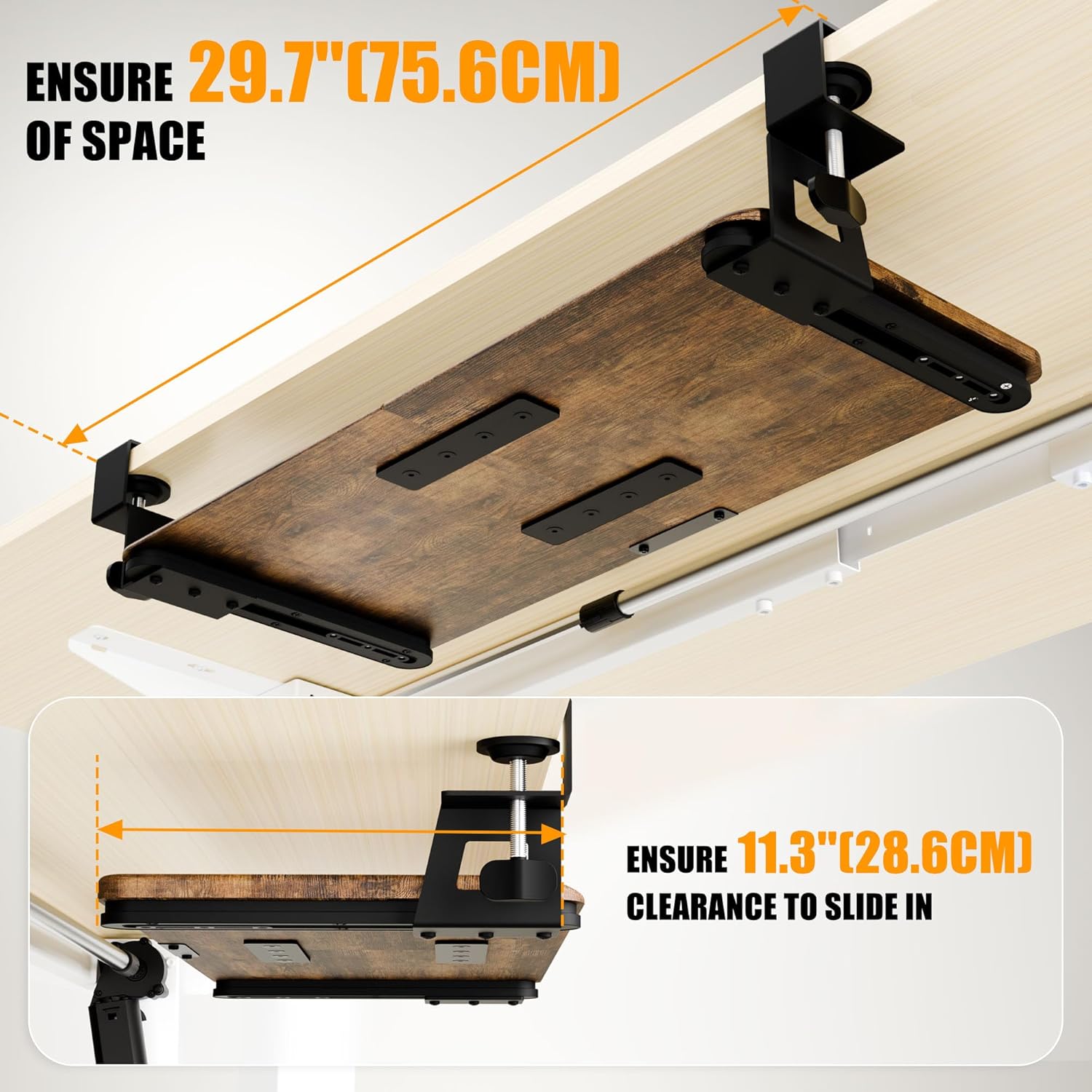 ERGOMAKER Keyboard Tray Under Desk, Pull Out Keyboard Tray with C Clamp Mount, 25.6" (29.7" Including Clamps) x 11.8" Slide-Out Platform Computer Drawer for Typing, Keyboard & Mouse Tray, Rustic Brown