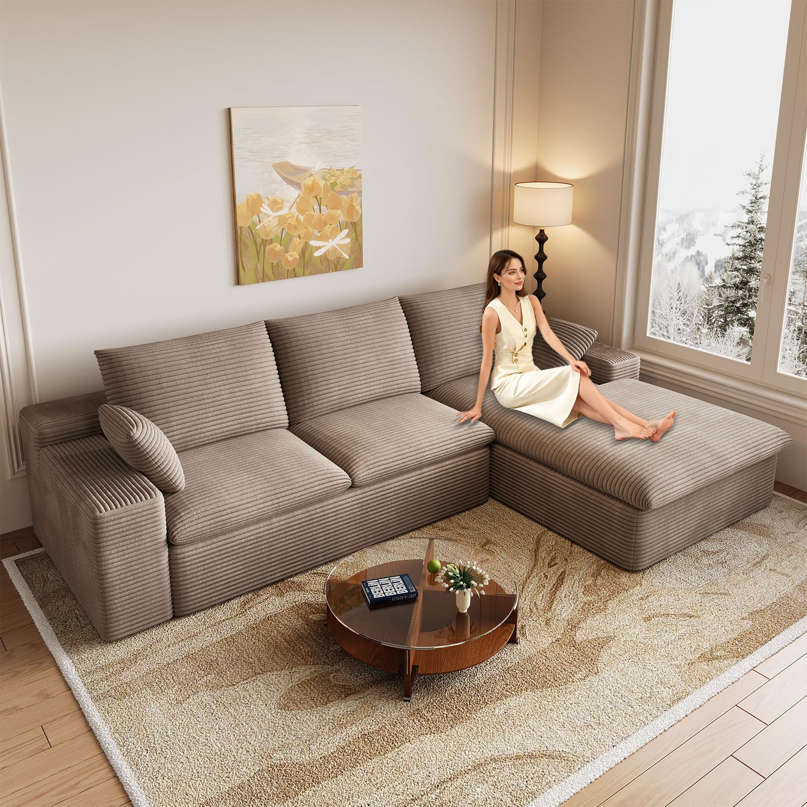 107" Cloud Couch Modular Sectional Sofa for Living Room, L-Shape Boneless Couch with Deep Seat, Modern Corduroy 3-Seater, No Assembly Required (Camel Brown,Right-Facing Chaise)