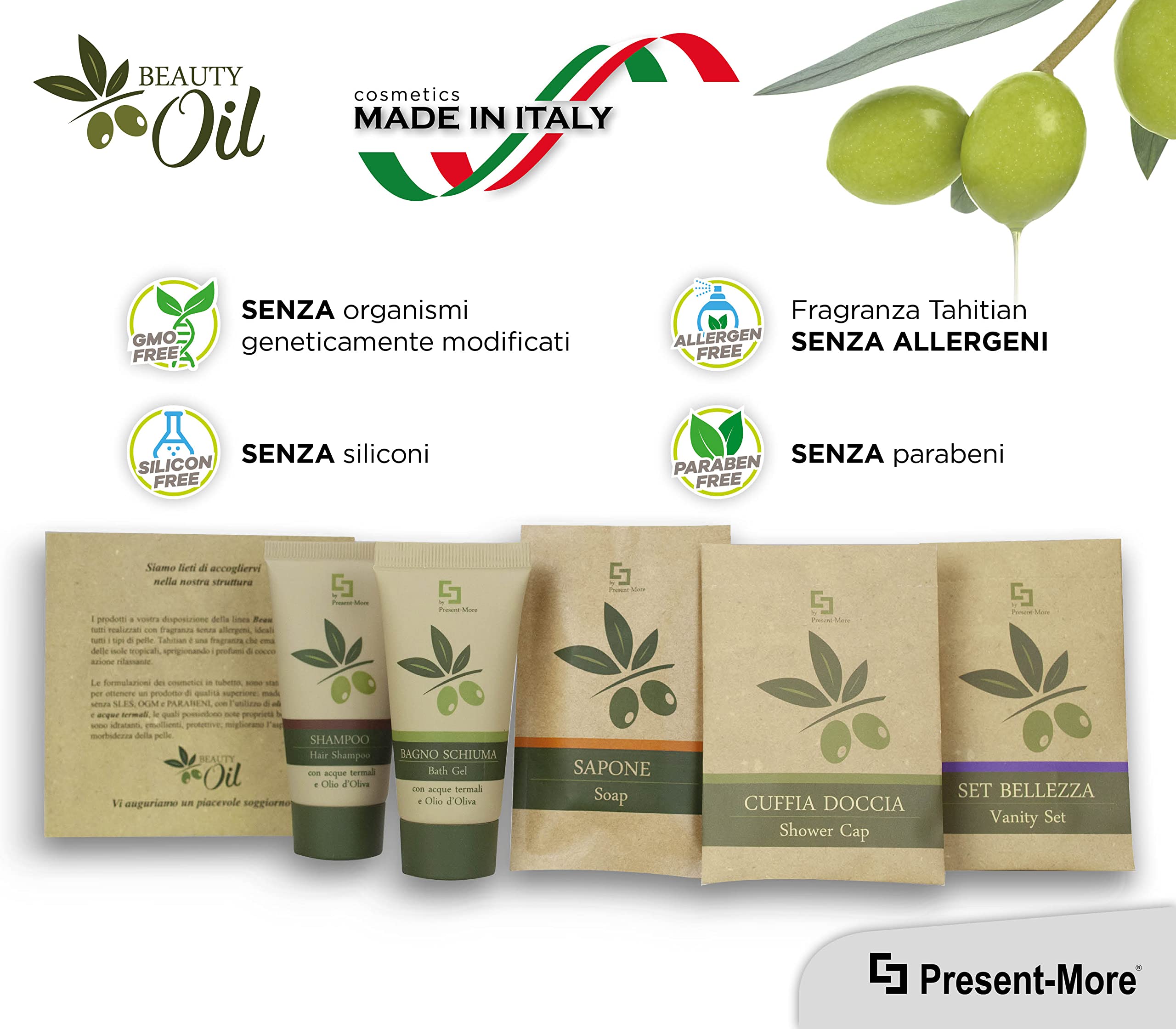 PRESENT-MORE - Set Cortesia 35 Ospiti Beauty Oil - Fragranza Tahitian - Contiene: Shampoo, Gel Doccia, Sapone, Cuffia e Vanity - Made in Italy - Per Hotel e B&B