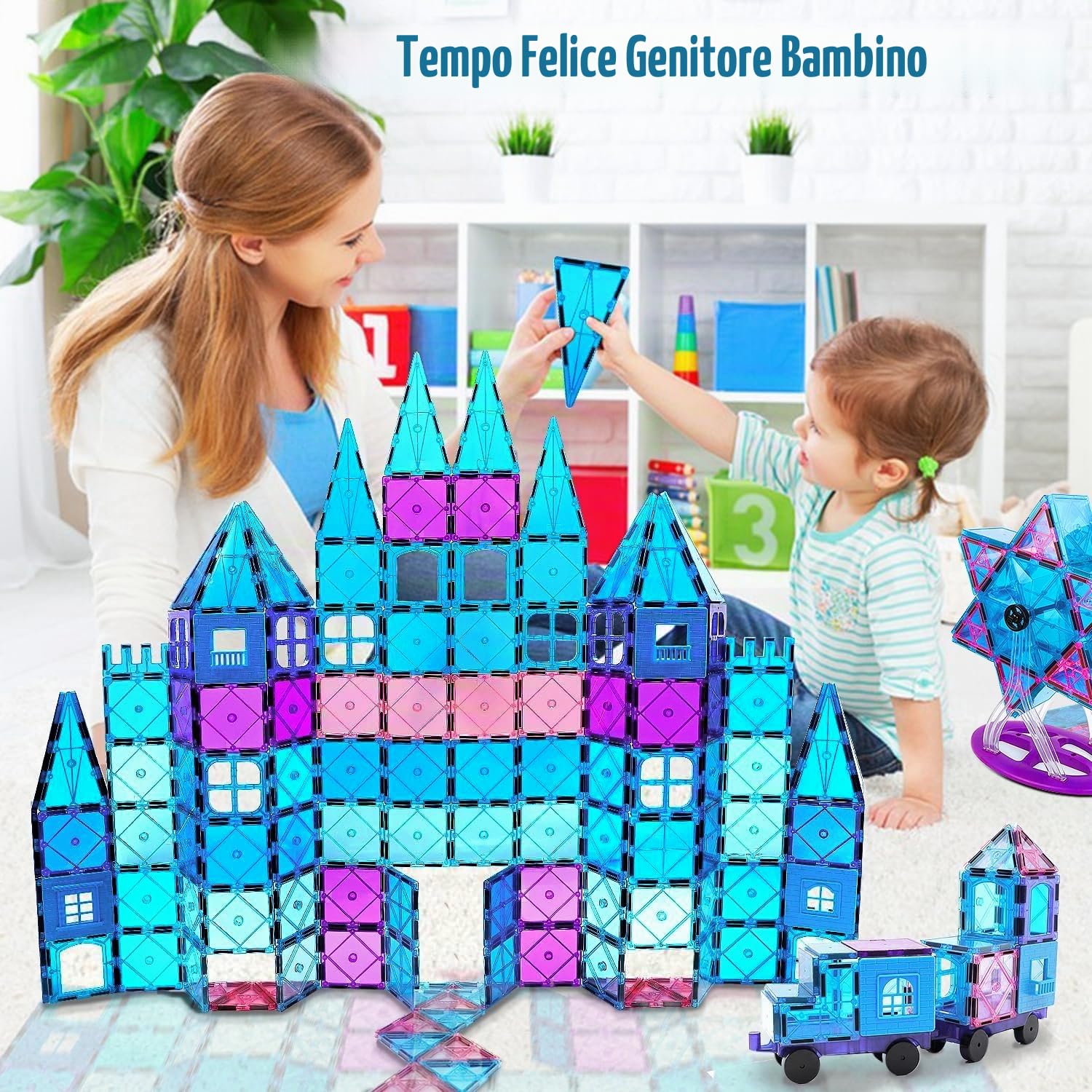 Costruzioni Magnetiche 102 Pezzi Giochi Costruzioni per bambini 2 3 4 anni Educativo Blocchi Magneti Bambini Giocattoli con Ruota Panoramica/2Auto STEM Regalo Bambino 2-4Anni Ragazzi Compleanno Natale