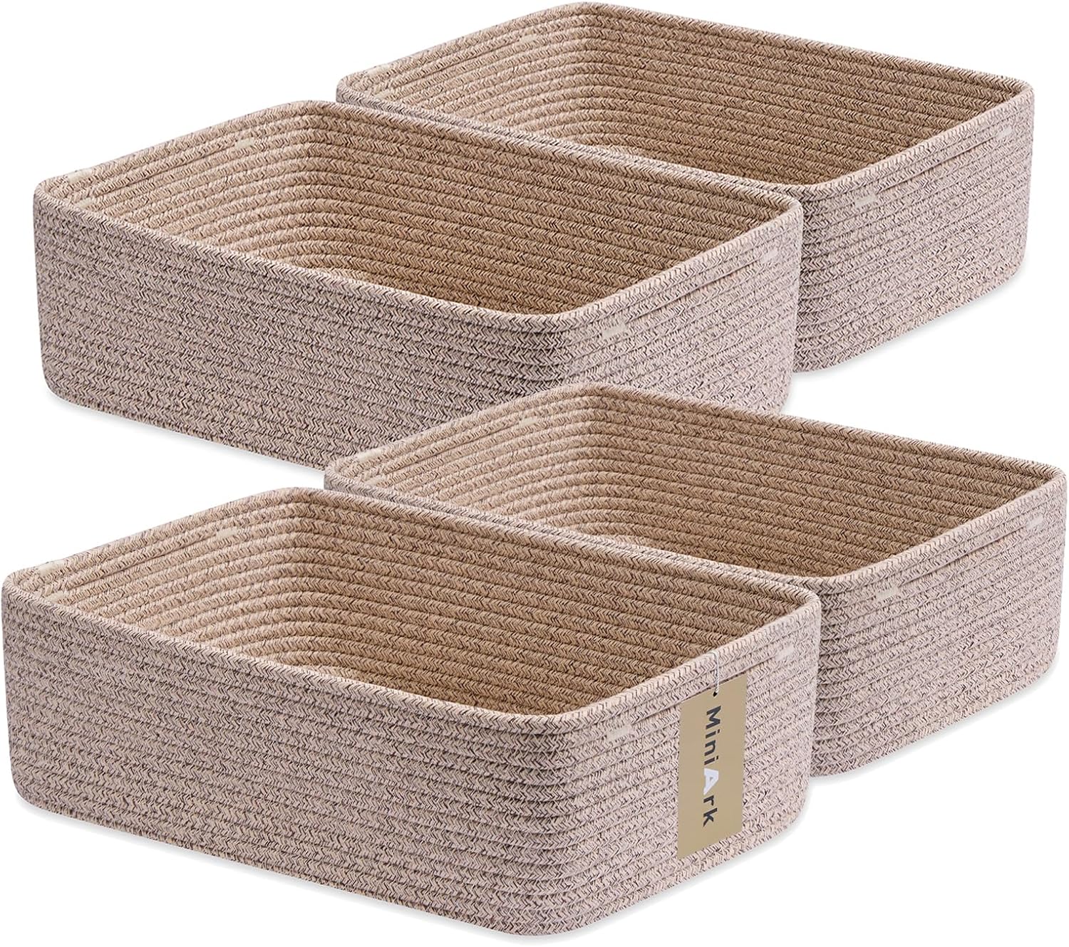 Large Shallow Organizing Baskets 15x11x5.1 Inches - Rope Woven Storage Bins for Bathroom, Shelves, Cube Closet, Mixed Brown 4 Packs