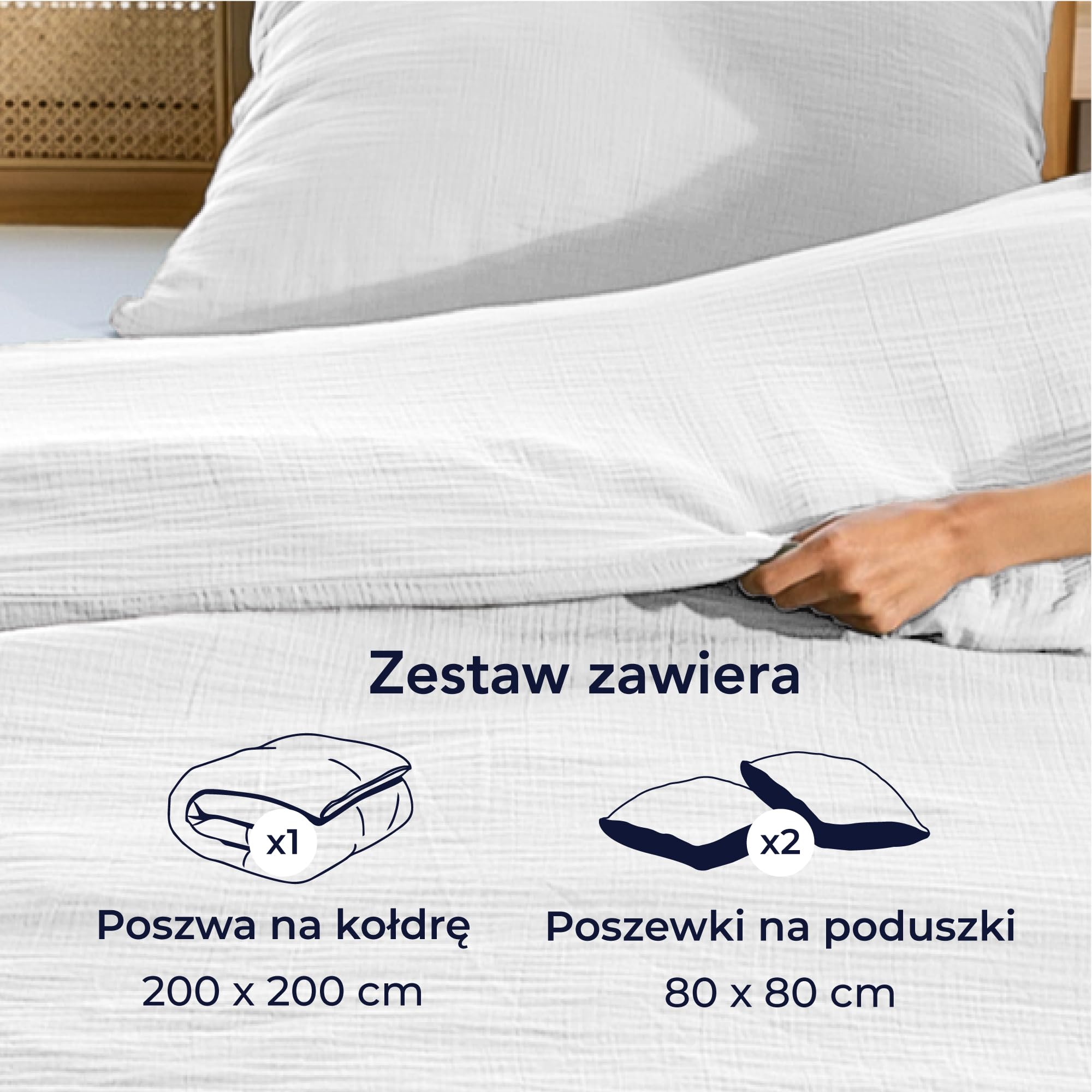 Dreamzie - Poszewka na kołdrę z gazy bawełnianej 200x200 cm, biała, z 2 poszewkami na poduszki 80x80 cm, zestaw pościeli 200x200 Miękka i oddychająca bawełna - Pościel z certyfikatem Oeko-Tex