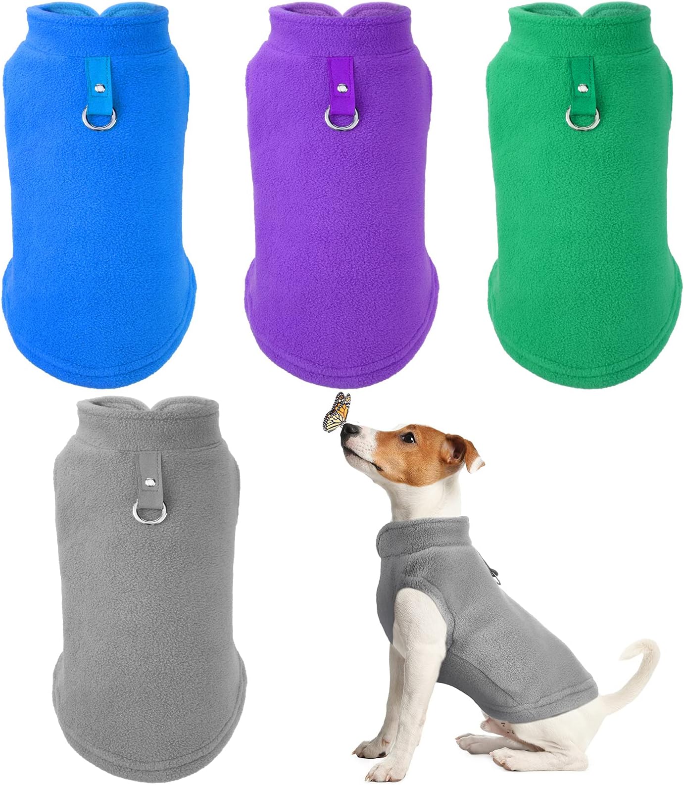 4 Pieces Dog Fleece Vest Dog Cold Weather Pullover Dog Cozy Jacket Winter Dog Clothes Pet Sweater Vest with Leash Ring for Small Dogs (Gray, Green, Purple, Blue, M)