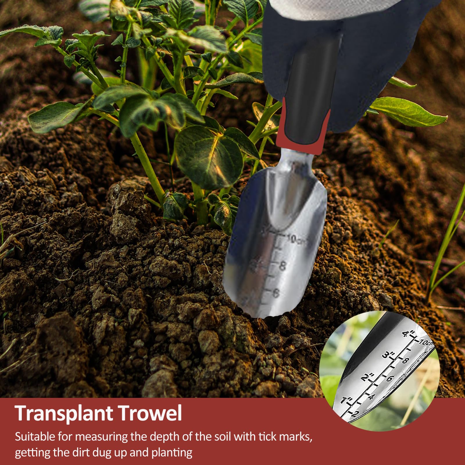 Juego de herramientas de jardín, 3 piezas, incluye paleta de jardín, paleta de trasplante y rastrillo de mano con mango ergonómico antideslizante, kit de jardinería resistente para jardinería
