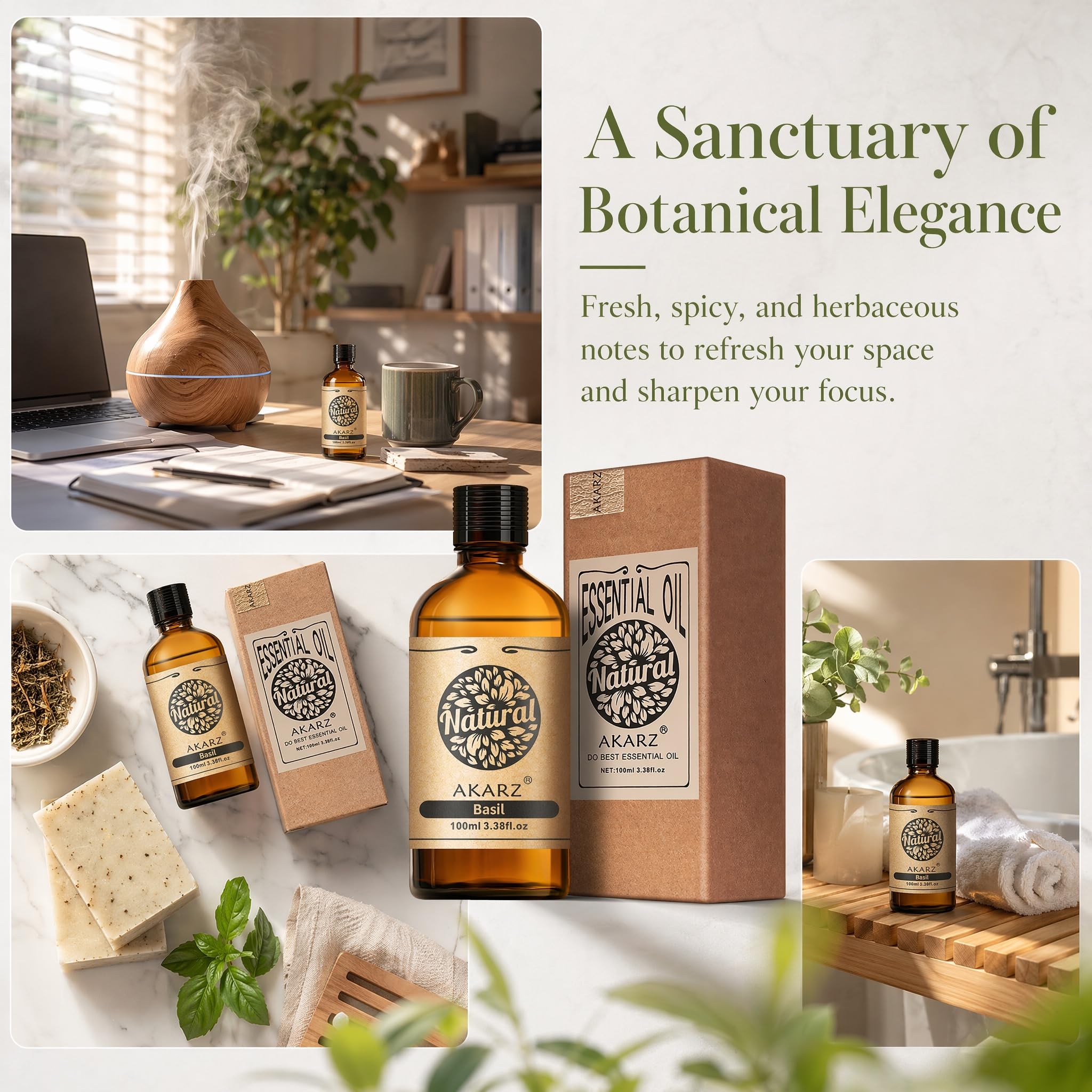AKARZ 100ml Olejek esencjny z Bazylia - Naturalny olejek aromatyczny do dyfuzorów, lamp aromatycznych i aromatów pomieszczeń