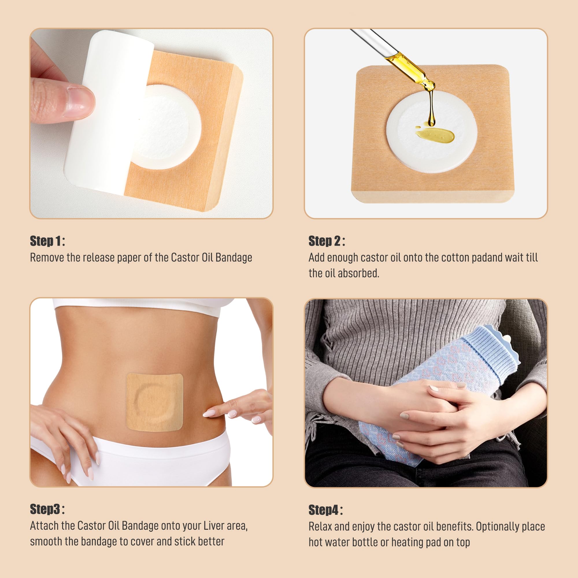 ZINGTEEA 30Pcs Self-Adhesive Castor Oil Pack Wrap for Belly,Disposable Highly Absorbent Organic Cotton Castor Oil Packs,No Wash,Anti-Seepage ((Oil Not Included)