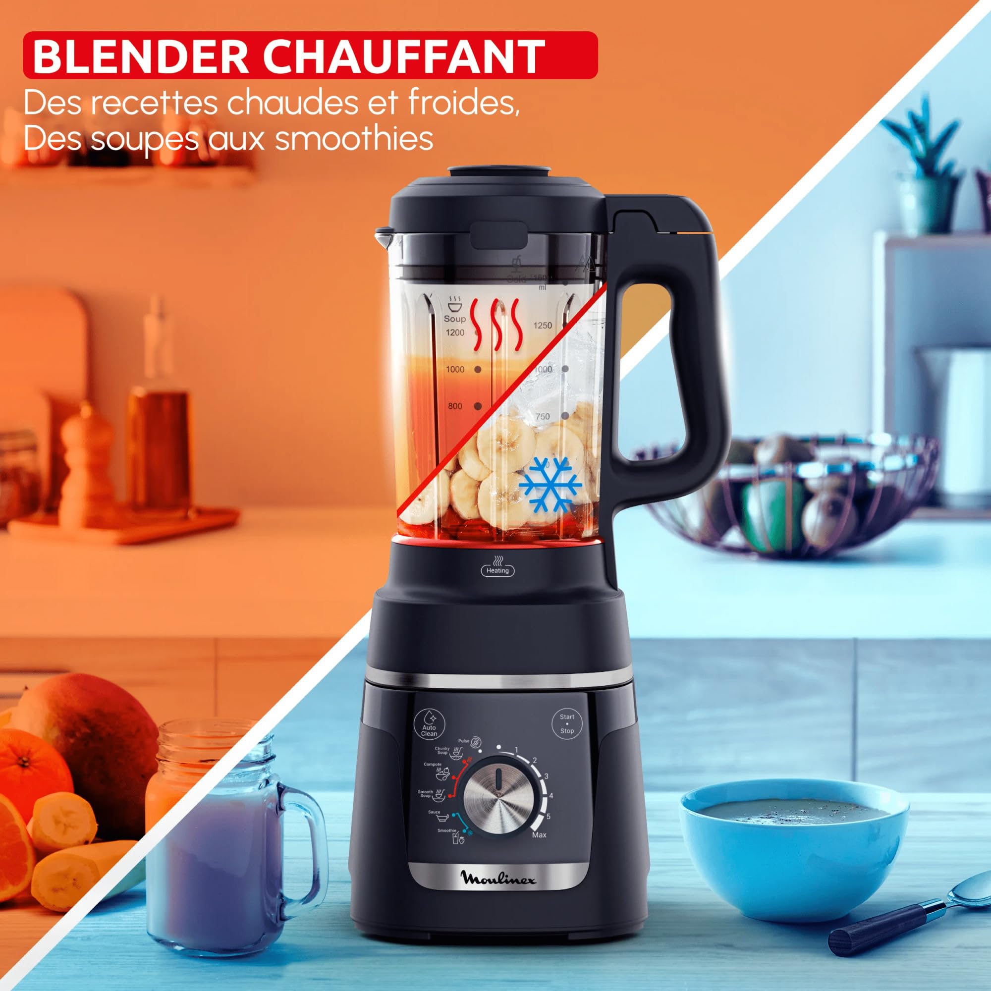 Moulinex Blendforce Cook, Blender chauffant, Recettes chaudes et froides, 5 programmes automatiques, 6 vitesses + Pulse, Bleu nuit, LM5768F0