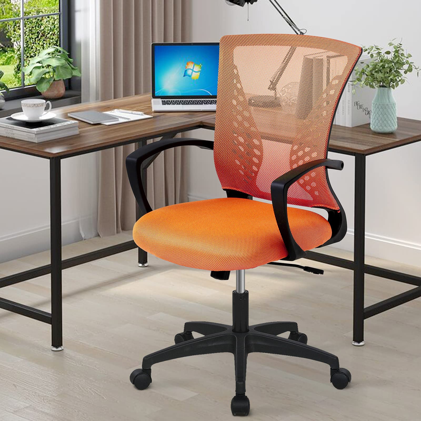 Ergonomic Gaming Office Chair for Student Computer Desk - Adjustable Lumbar Support, Armrest, Mesh Mid Back, Rolling Swivel Task Chair, Orange
