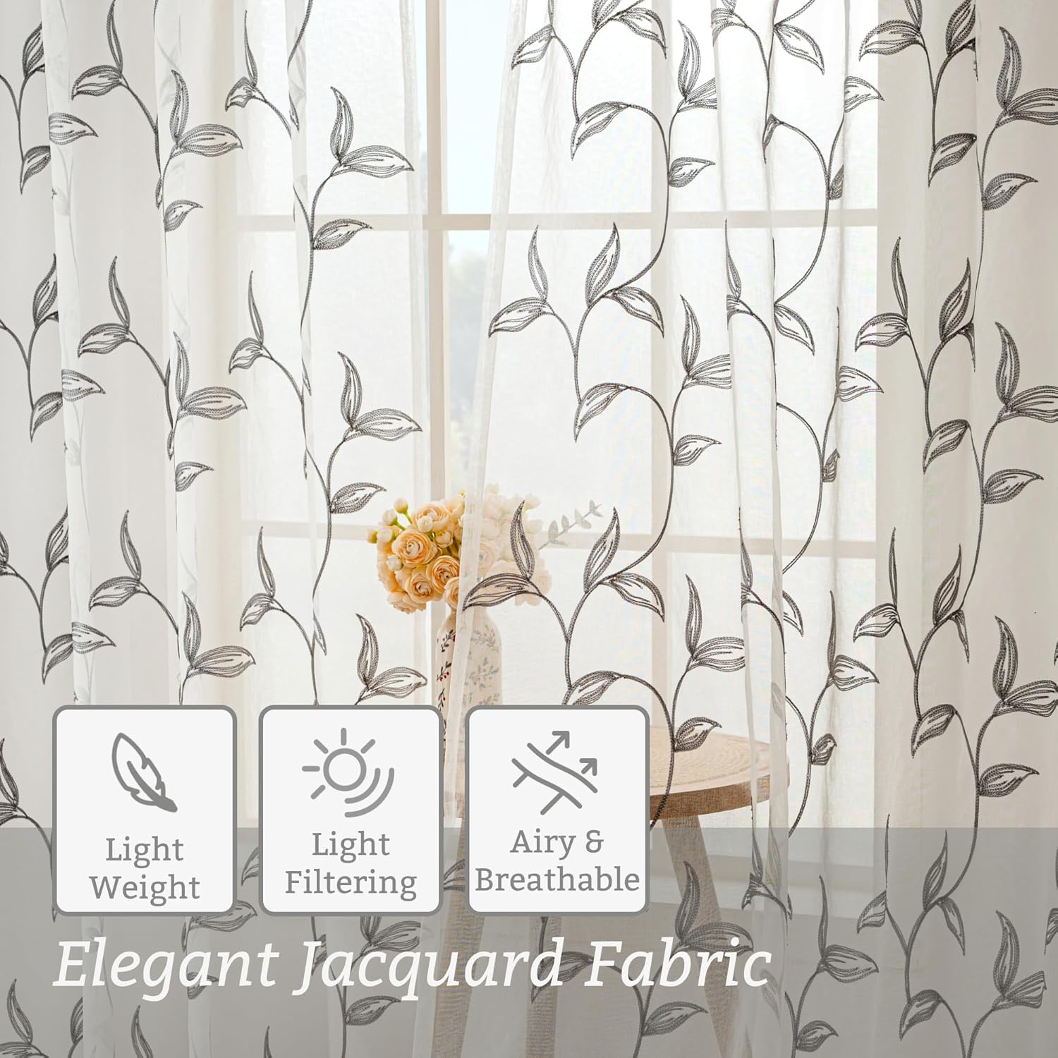 VISIONTEX Sheer Curtains 72 Inches Long 2 Panels Set Iron Grey Embroidered Floral Leaf Pattern Rod Pocket Semi Sheer Voile Window Curtains/Drapes for Bedroom Living Room 54 x 72 Inches