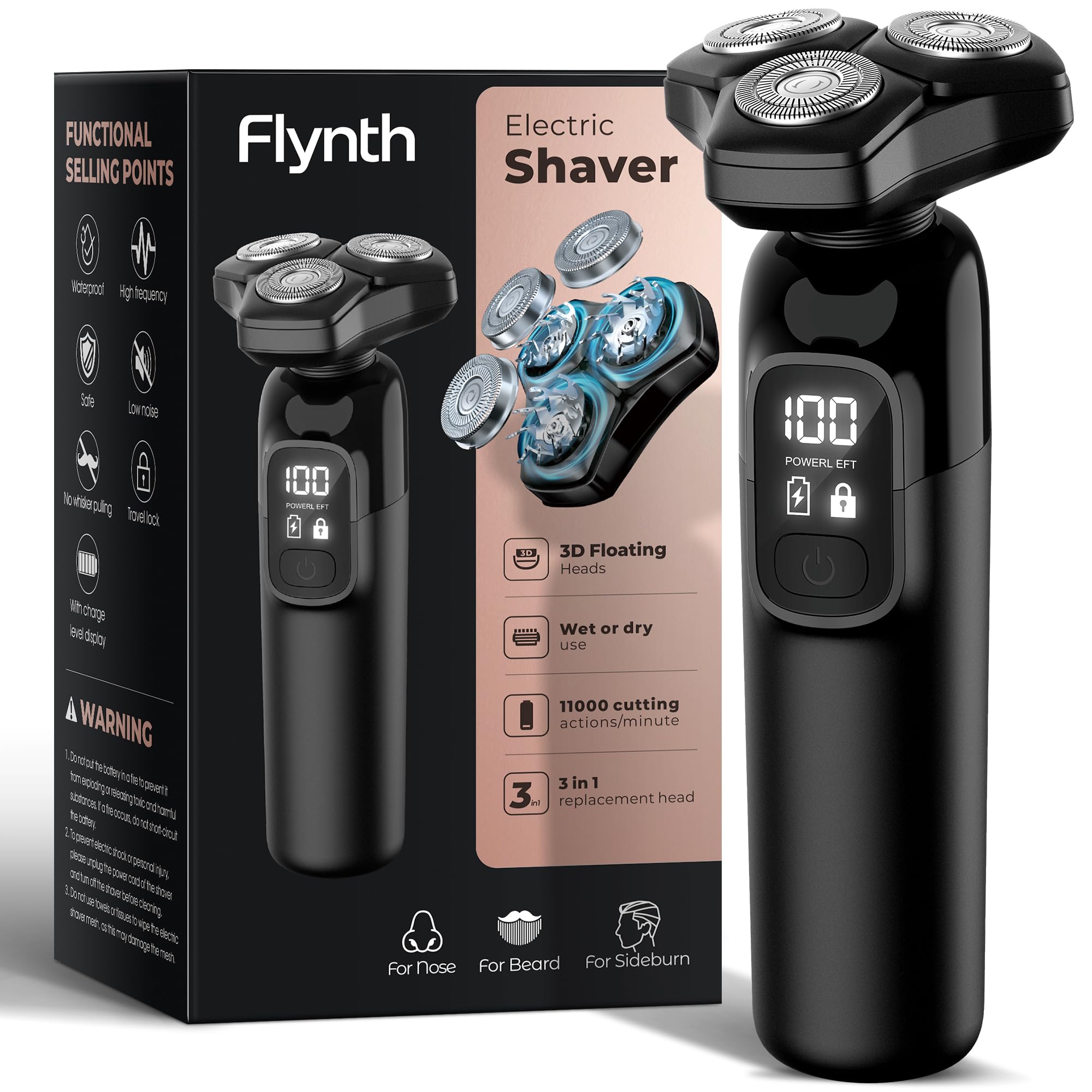 Electric Razor for Men Flynth 3-in-1 Cordless Shaver 3-Blade Rotary Shavers Wet Dry for Beard Nose Face IPX7