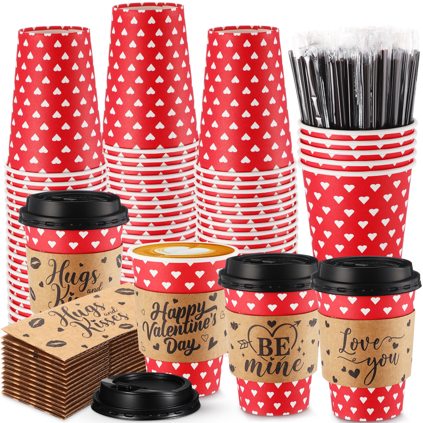 Layhit 100 tazze da caffè per San Valentino, bicchieri di carta usa e getta, con coperchio, maniche e cannucce per mescolare, per inverno, San Valentino, cioccolata calda, forniture per feste