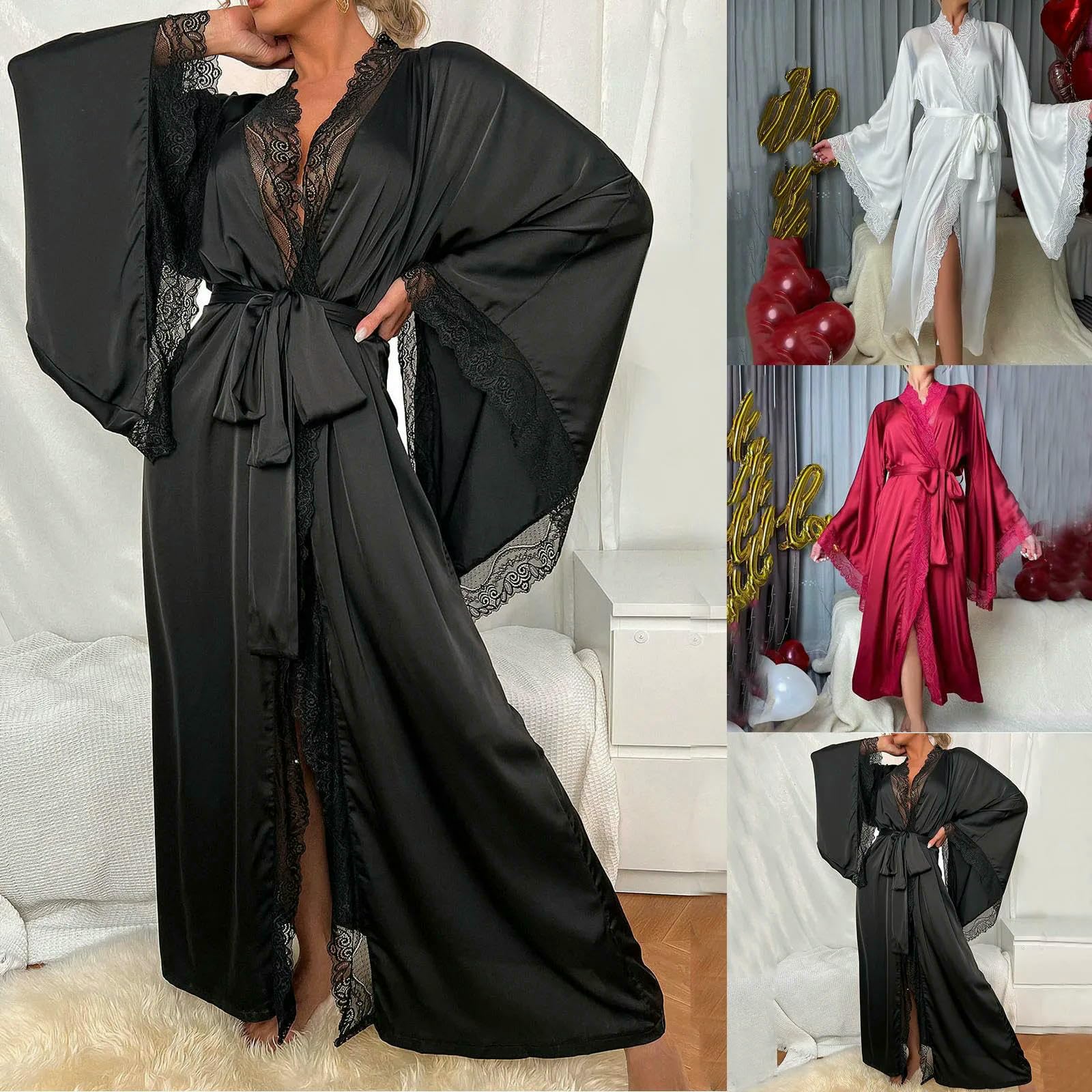 Accappatoio Donna Veste di Seta in Raso da Abito Notte Pizzo Campecci Lunghi Cameretti Manica A Morbida-Nero-s