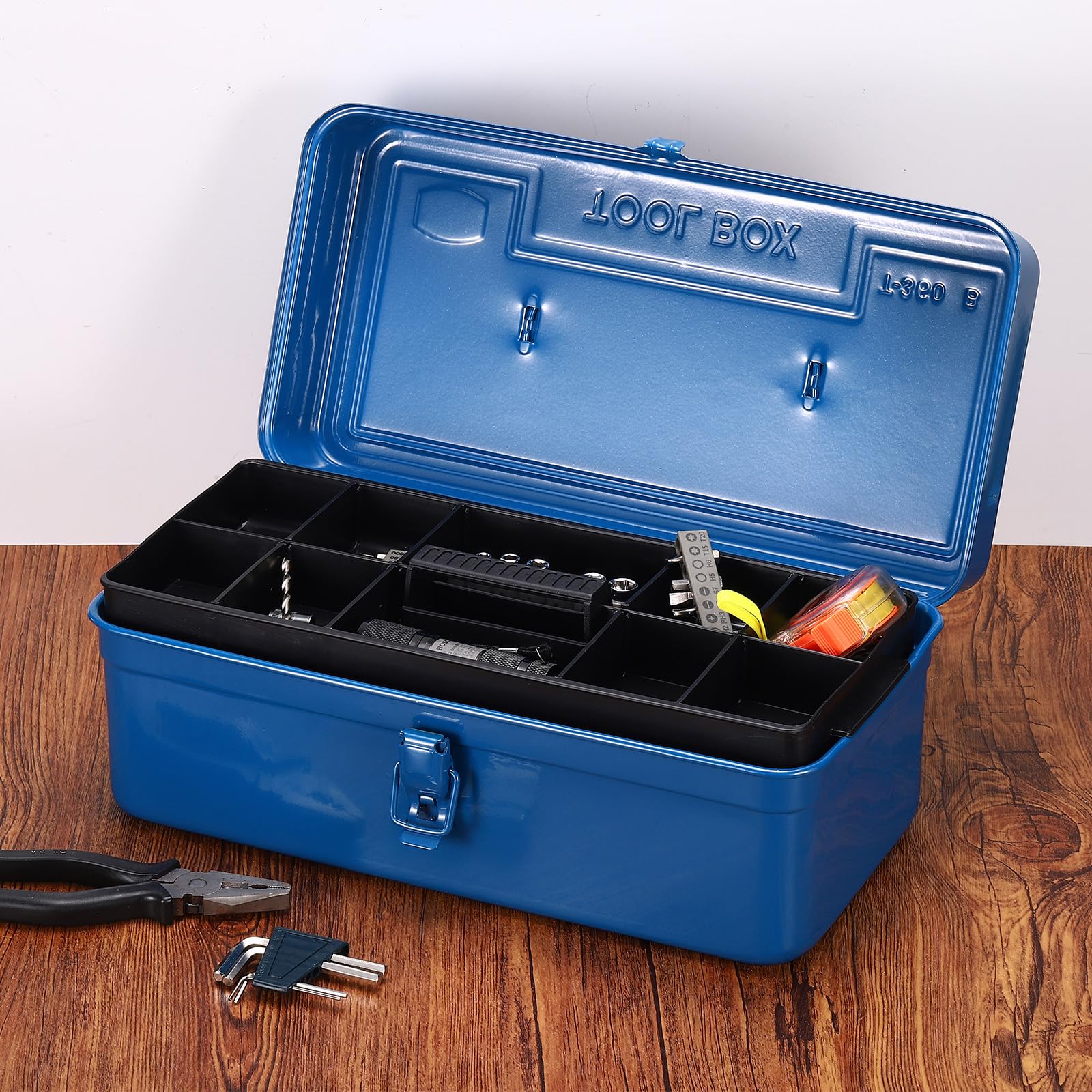 sourcing map Cassetta portautensili portatile, 35,6 x 17,8 x 10,2 cm, in acciaio, con doppia chiusura in metallo, con maniglia, per garage, magazzino, officina, casa, blu
