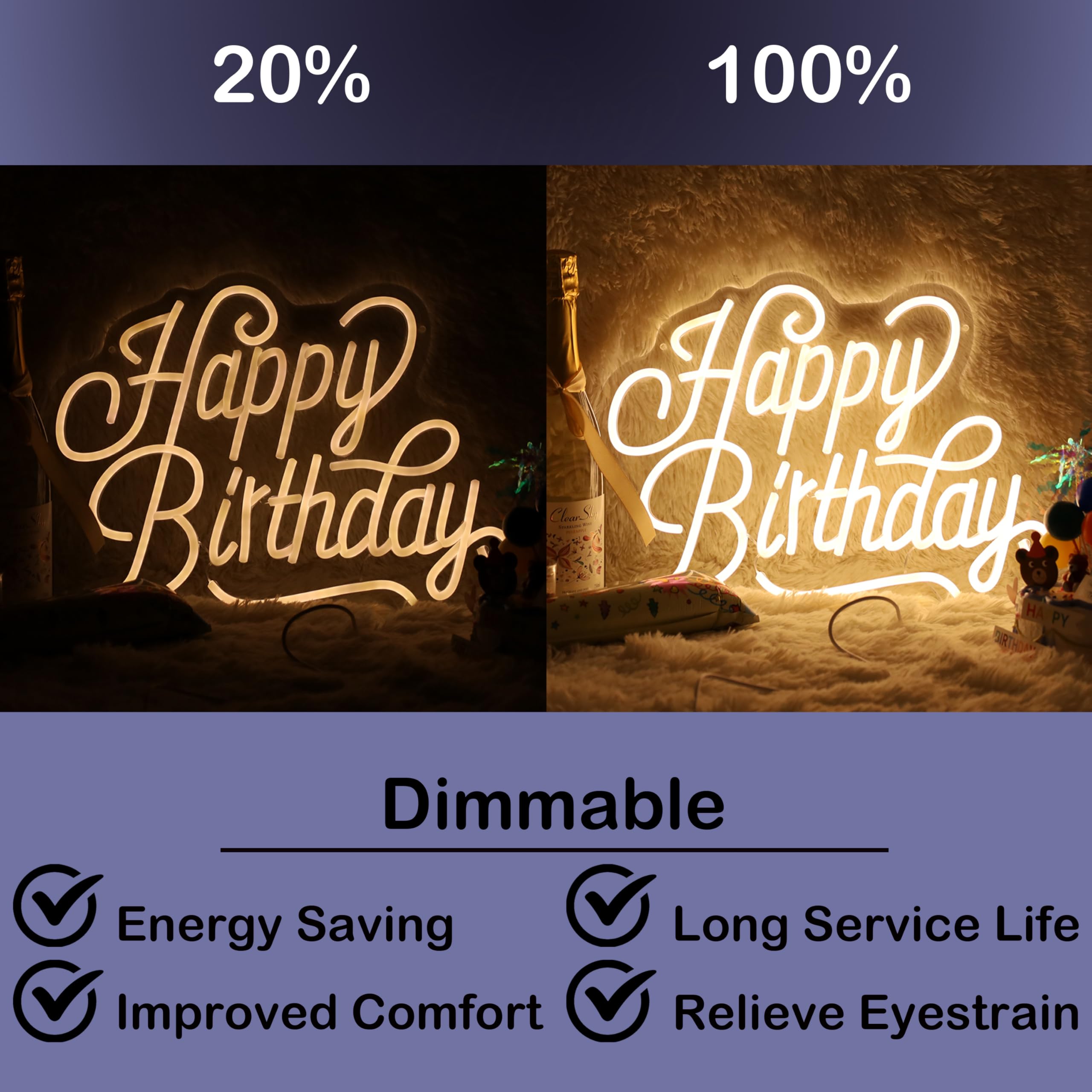 Happy Birthday Neon Sign For Backdrop Birthday Decorations LED Neon Light Signs for Birthday Led Light Up Sign Party Decor Dimmable Warm White LED for Birthday Gift 16.5