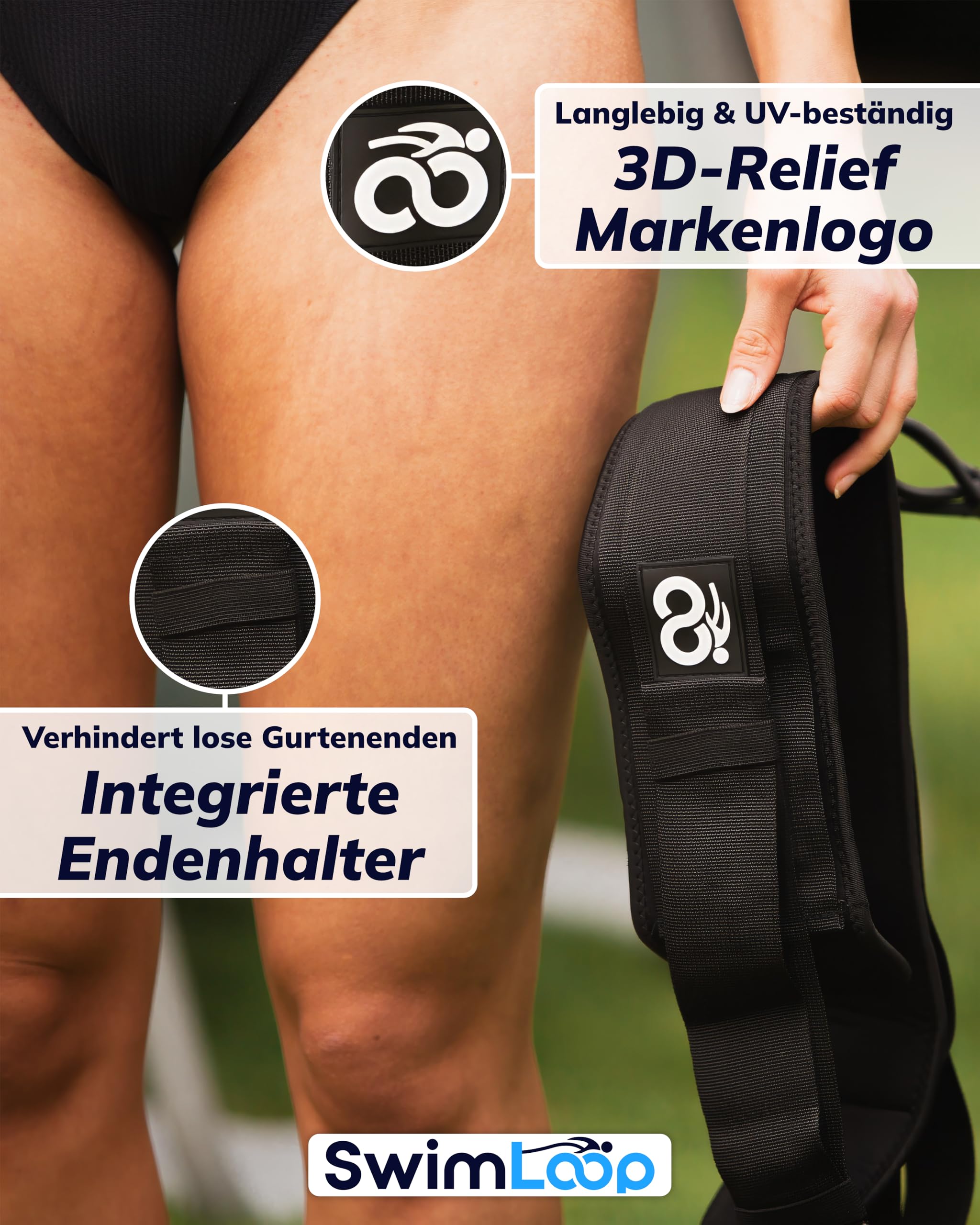 Premium Schwimmgurt Schwimmtrainer mit 2 x 2 Meter elastischen Gummibändern - Zugseil - Schwimmseil für Pool wie Gegenstromanlage zum Einhängen - Bauchgurt mit Schwimmband Widerstandstraining