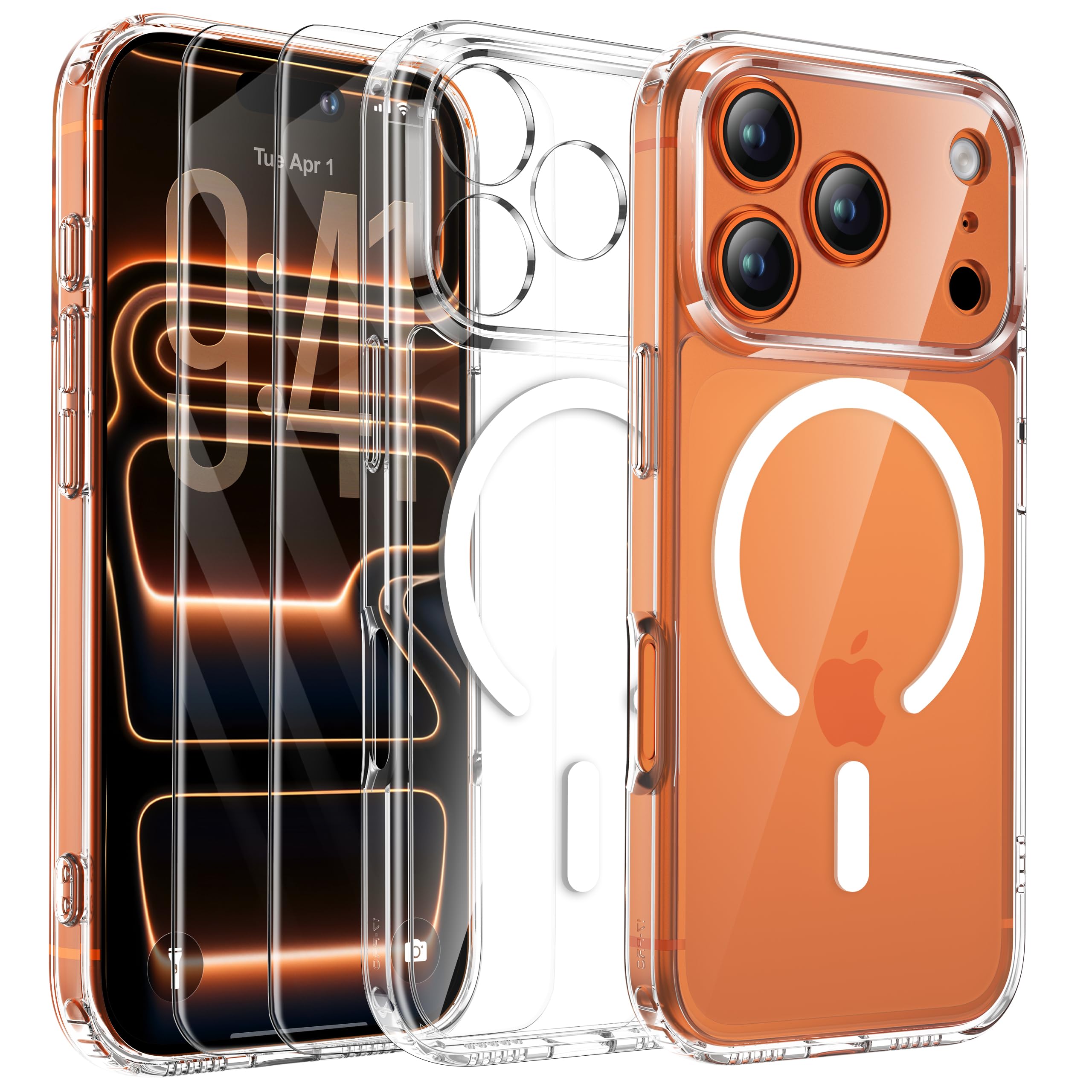 ORETECH Magnetica Cover per iPhone 17 Pro Max 6,9" con 2 Vetro Temperato, Compatibile con MagSafe,Protezione Completa Della Fotocamera, Anti-Graffio Antiurto Ultra Sottile Hard PC Cover-Trasparente