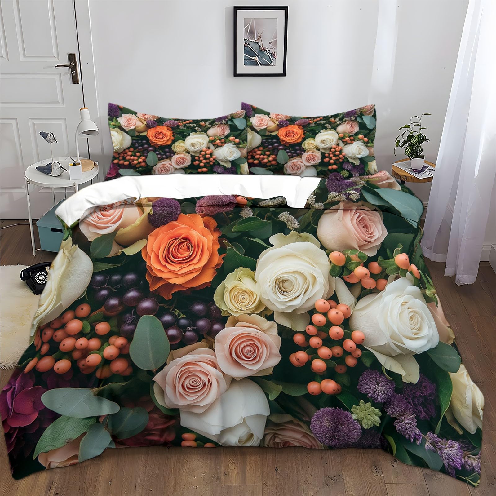 Zestaw poszewek na kołdrę w rozmiarze King Size 200 x 200 cm – romantyczna sztuka roślina róża jagoda premium mikrofibra, ultrasoftowa hipoalergiczna pościel z poszewką na poduszkę, sztuka romantyczna