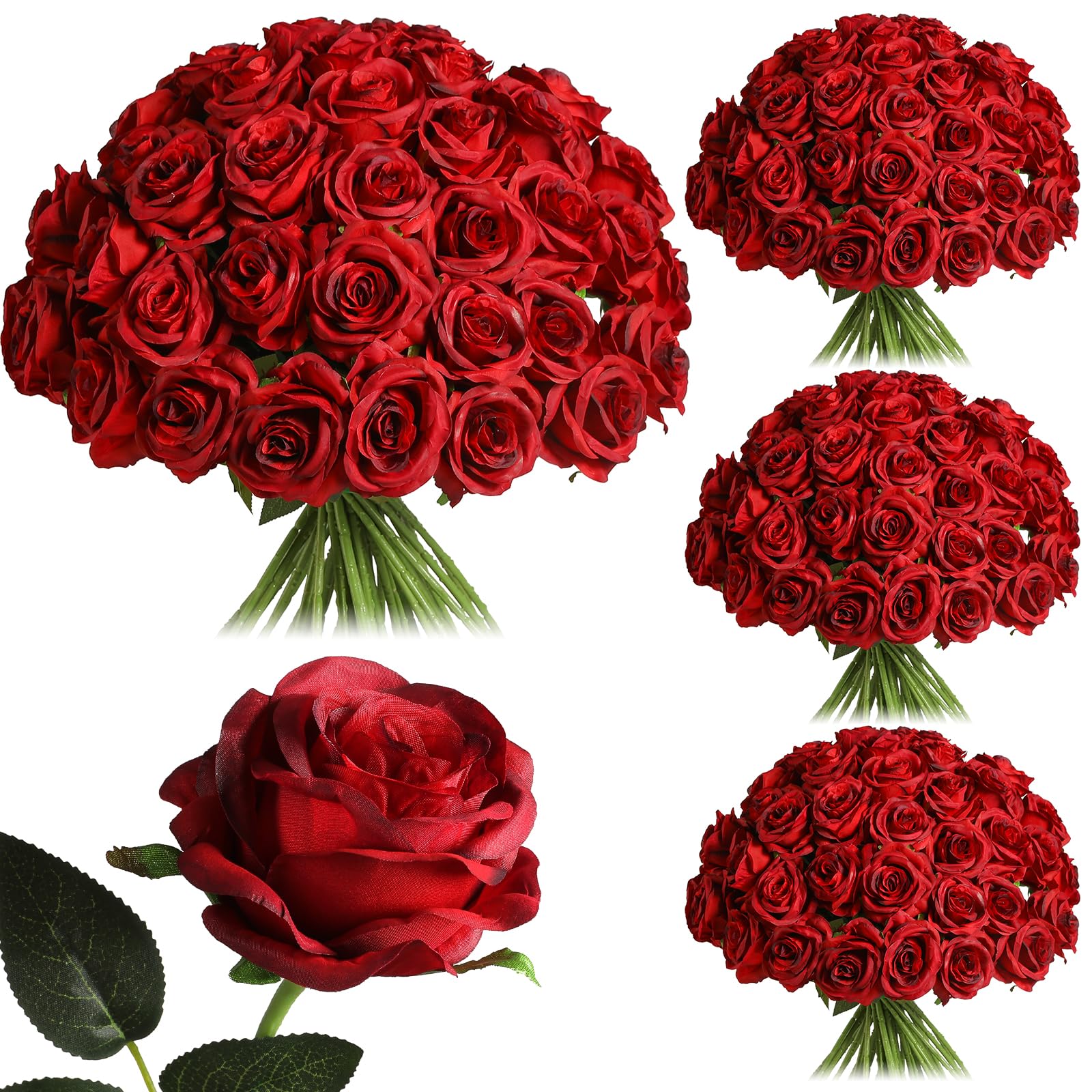 Nubry 50pcs Artificial Burgundy Roses Bulk, Fake Red Roses Flower with Stems Realistic Flowers for Wedding Centerpiece Home Party Decor(Burgundy)