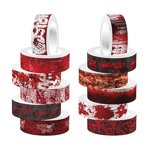 Miniatura 7 de 12 rollos de cinta Washi de Halloween, patrón sangriento, espeluznante mancha de sangre y calaveras para tema, álbum de recortes, diario, envoltura