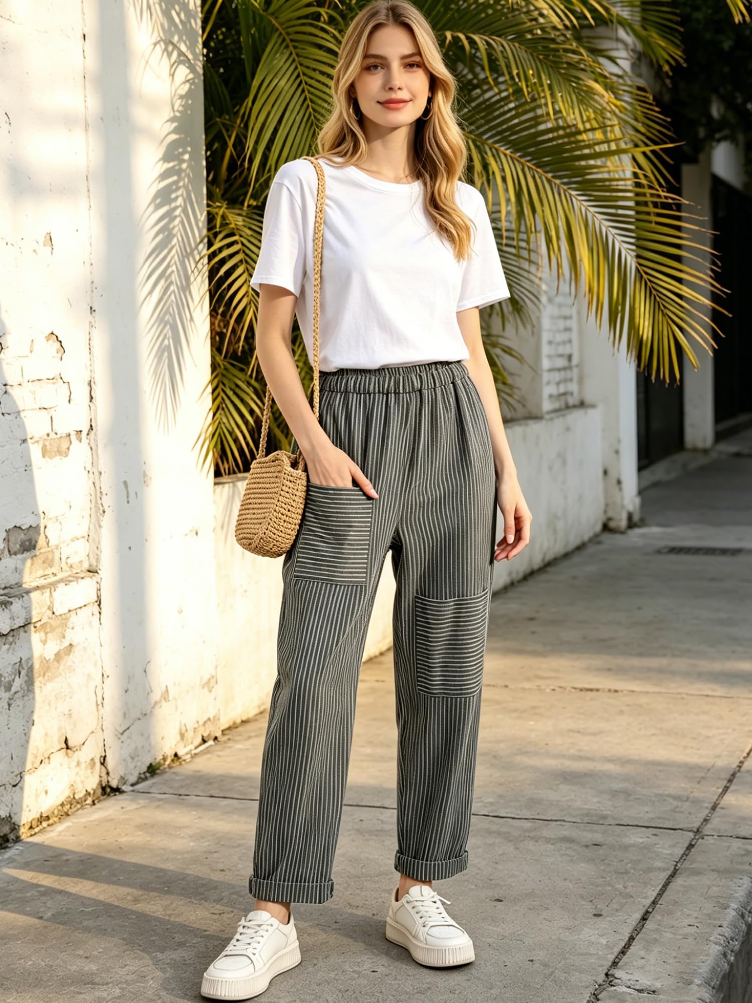 FTCayanz Damen Leinen Gestreift Haremshose Lange Hose