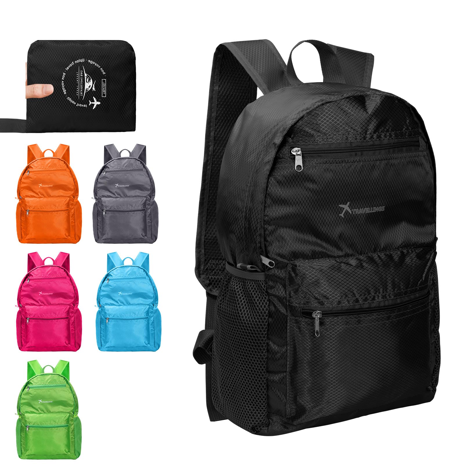 Risipu Lightweight Foldable Backpack Small Waterproof Hiking Rucksack Durable Packable Backpacks for Women Men Outdoor Hiking Biking Travelling Walking Camping (L-Black)