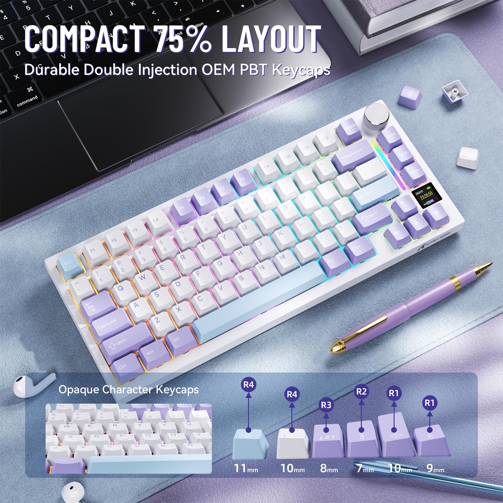 MAMBASNAKE Attack Shark X820 Ultra Klawiatura Gamingowa Mechaniczna, Bezprzewodowa BT/2.4G/USB-C, QWERTY TKL 75% Gasket Hot Swap, Wyświetlaczem TFT, LIGHTSYNC RGB, Spiralny Kabel - Gift Switch/Purple