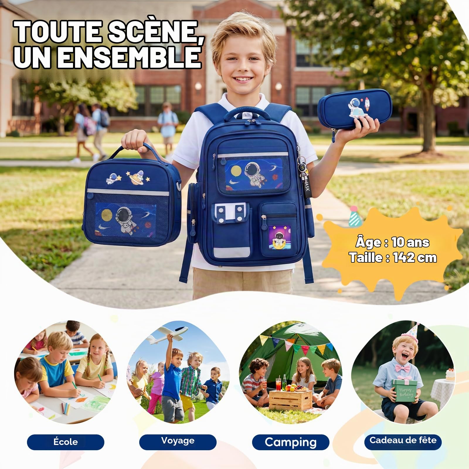 Amythe Cartable Garçon 8-12 Ans CE1 CE2 CM1 CM2 - Sac à Dos École Primaire avec Lunch Bag Trousse - Léger Imperméable avec Ruban réfléchissant – Idéal Rentrée Scolaire - Bleu
