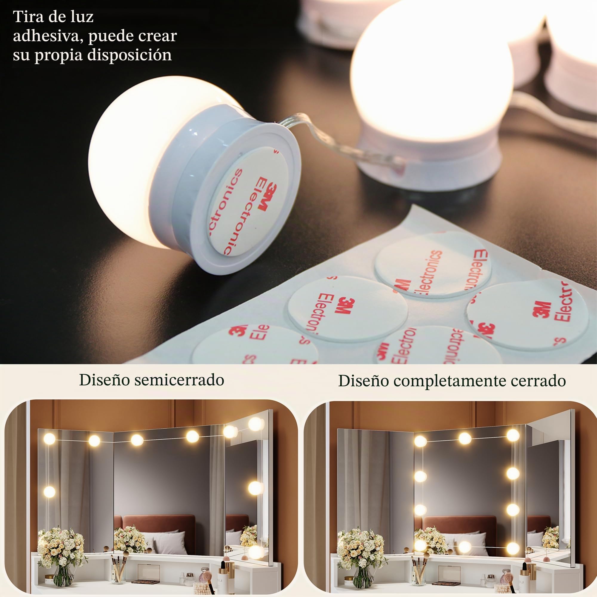 Tocador esquinero con espejo plegable, 110 x 54 x 141,5 cm, iluminación, 3 modos de luz, brillo ajustable, tocador con cajones y compartimento abierto, color blanco