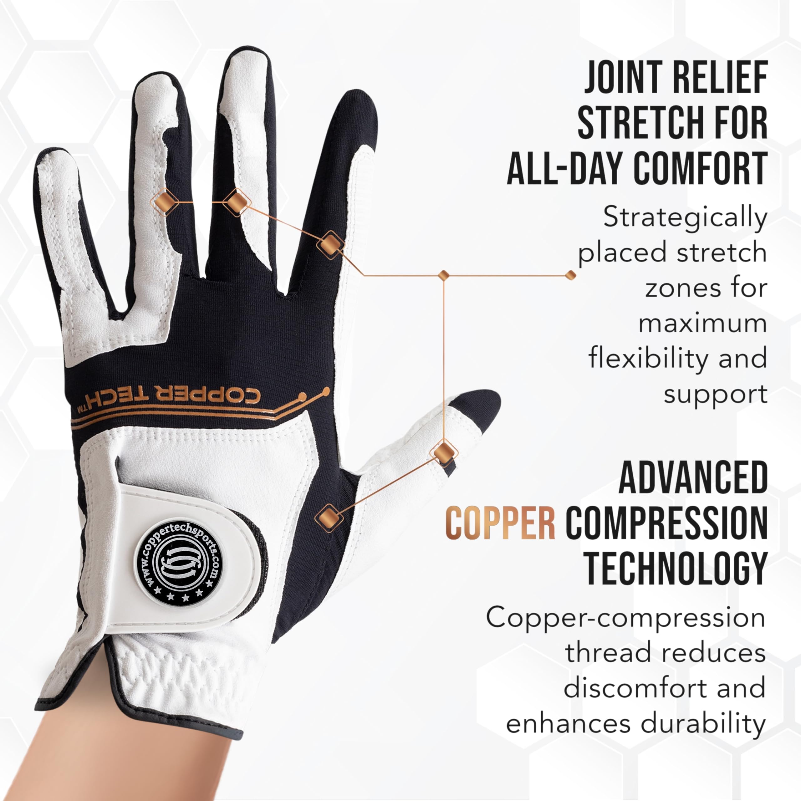 Copper Tech Damen Golfhandschuhe für Rechts- oder Linkshänder, Kupfer-Kompressionsgelenkstütze mit Flexibler und bequemer Passform, AAA Leder und klebrigem Silikon-Pad, 2 Stück