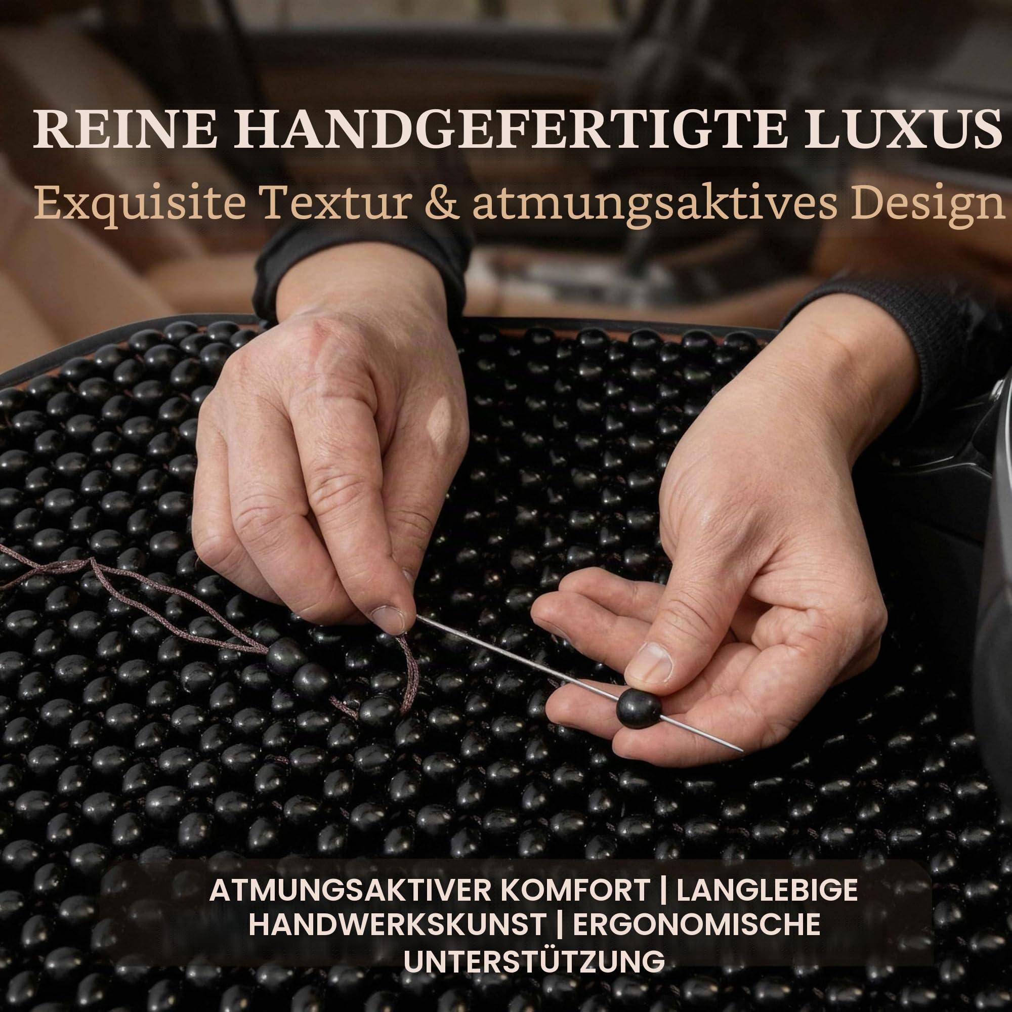 Holzperlensitz für Auto und Büro, 45x45 cm Atmungsaktive Sitzauflage mit Netzgewebe, Kühlendes Massage Sitzkissen, Rutschfester Sitzschoner für Autositz, LKW und Stuhl