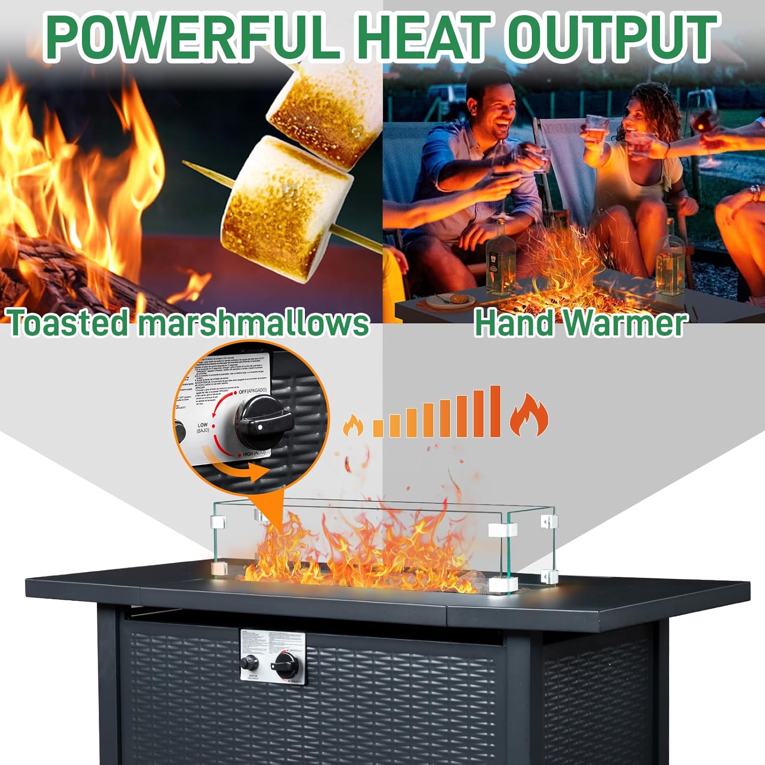 Outvita Fire Pit Table, 43" 50,000 BTU Rectangle Metal Propane Fire Table with Lid, Lava Rocks, Waterproof Dust Cover and Glass Wind Guard for Garden Backyard Deck Patio