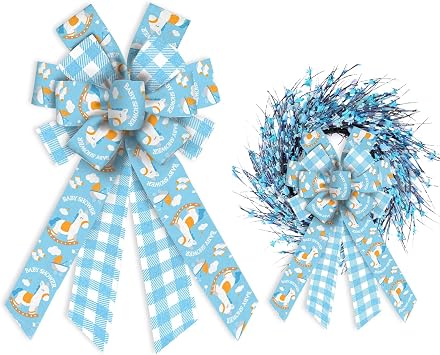 Large Baby Boy Bow for Wreath, Baby Shower Wreath Bow for Gender Reveal Decor Baby Shower Bow for Front Door Indoor Outdoor Wall Tree Topper Decoration Supplies Surprise Hanging Ornament