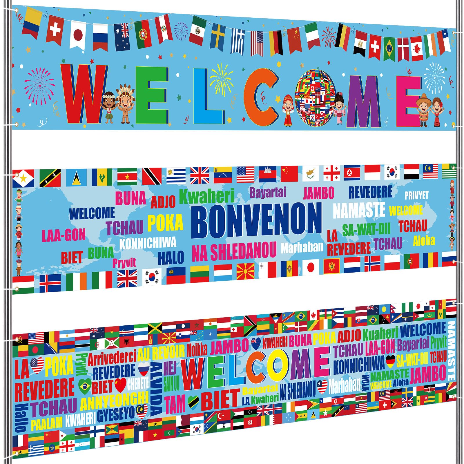 Remagr 3 Pcs Multilingual Welcome Banner, World Flag Diversity Backdrop