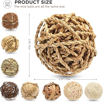 Small Animals Play Balls, Chew Grass Balls & Rolling Chew Toys for Bunny, Improve Pets Dental Health for Rabbit, Chinchilla, Guinea Pigs, Hamsters, Gerbils, Rats, Mice (9 Pieces)