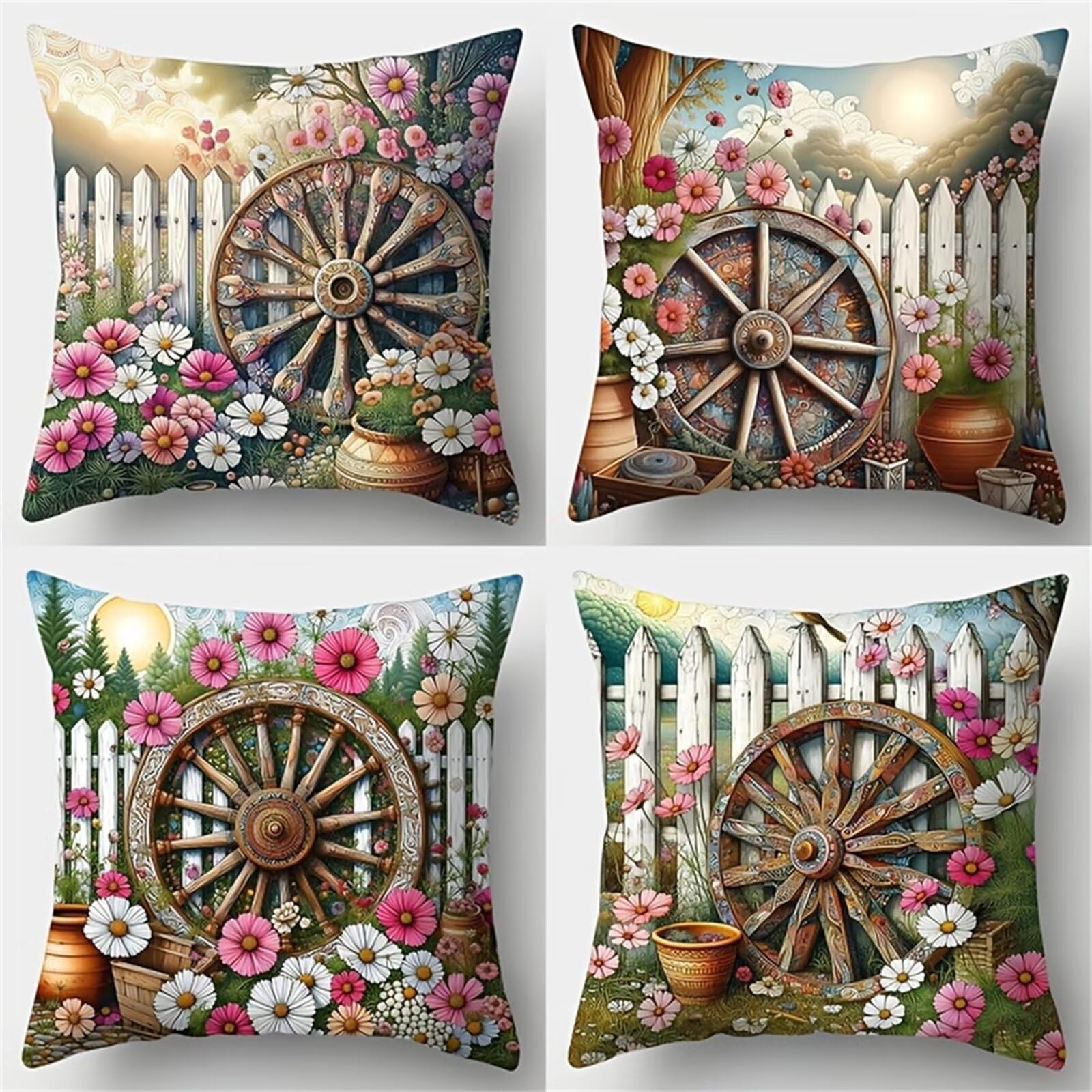 Heaen Outdoor Cushions Covers Waterproof 35x35 cm Set of 4 Square Linen Pillow Cases Landscape Pink Daisy Decorative Dushions for Sofa Porch Patio Home Decor