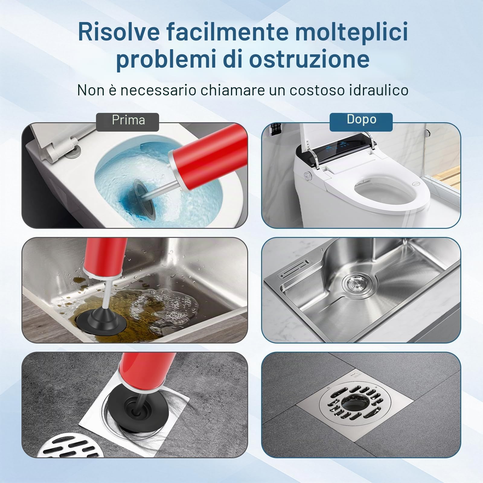 Pompa per la Pulizia Degli Scarichi XXL, Sonda Sturatubi con Manometro Regolabile, Pompa per la Pulizia Degli Scarichi con Ugello Dritto Reversibile, Adatta per Lavandini, Vasche da Bagno, WC