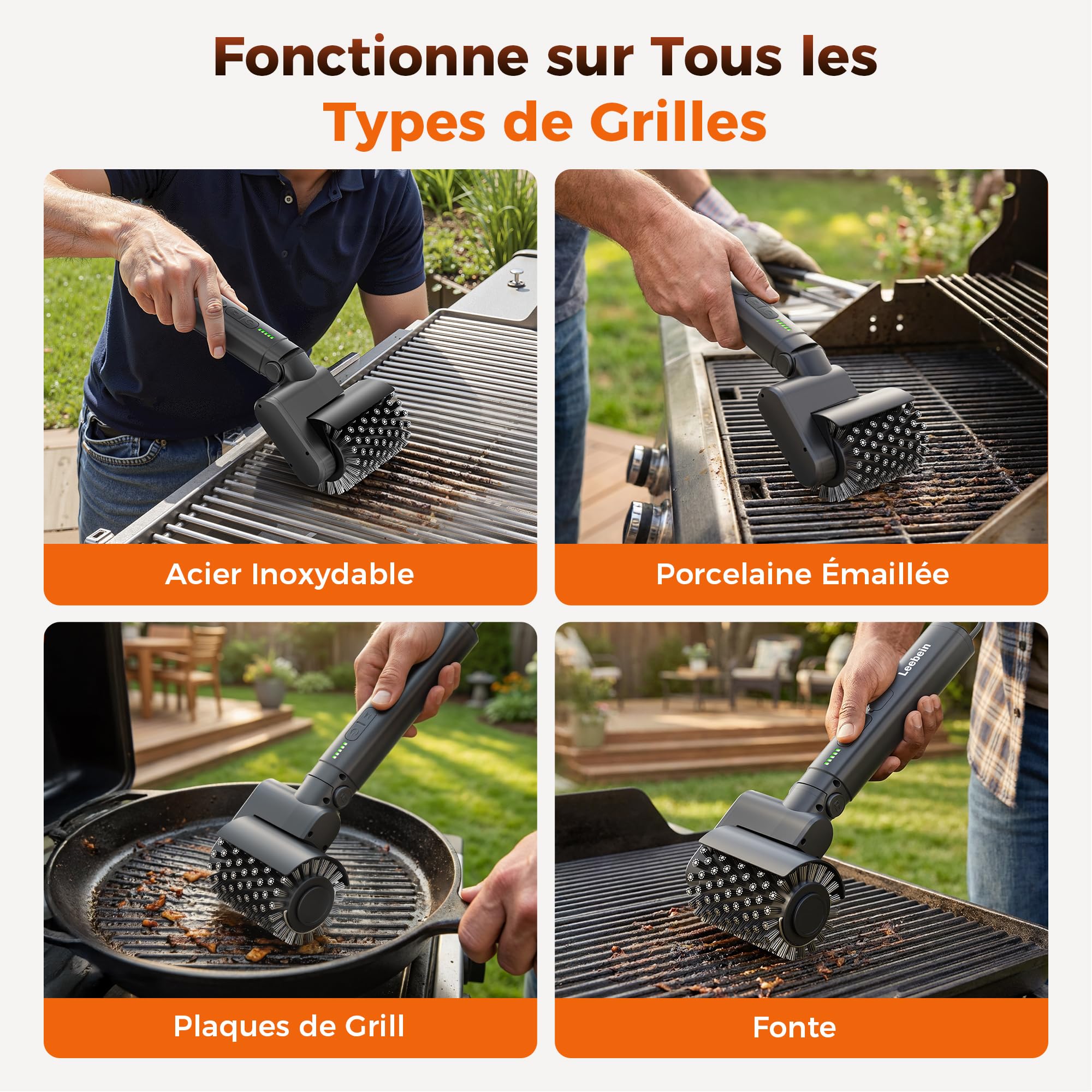 Leebein Brosse Électrique pour Barbecue, 2026 Brosse Électrique Nettoyage 3 Vitesses & Angle Réglable avec 3 Têtes Remplaçables, 150 Min Autonomie, Résistante à l'eau et aux Hautes Températures