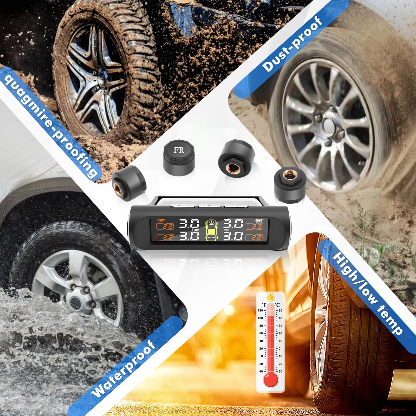 TPMS Système de Surveillance de la Pression des Pneusà,Charge Solaire/USB, Alertes Température,Auto on/Off - Compatible Camping-Car/Berline/SUV/MPV/Remorque (4 Capteurs Externes 3.5 Bar)