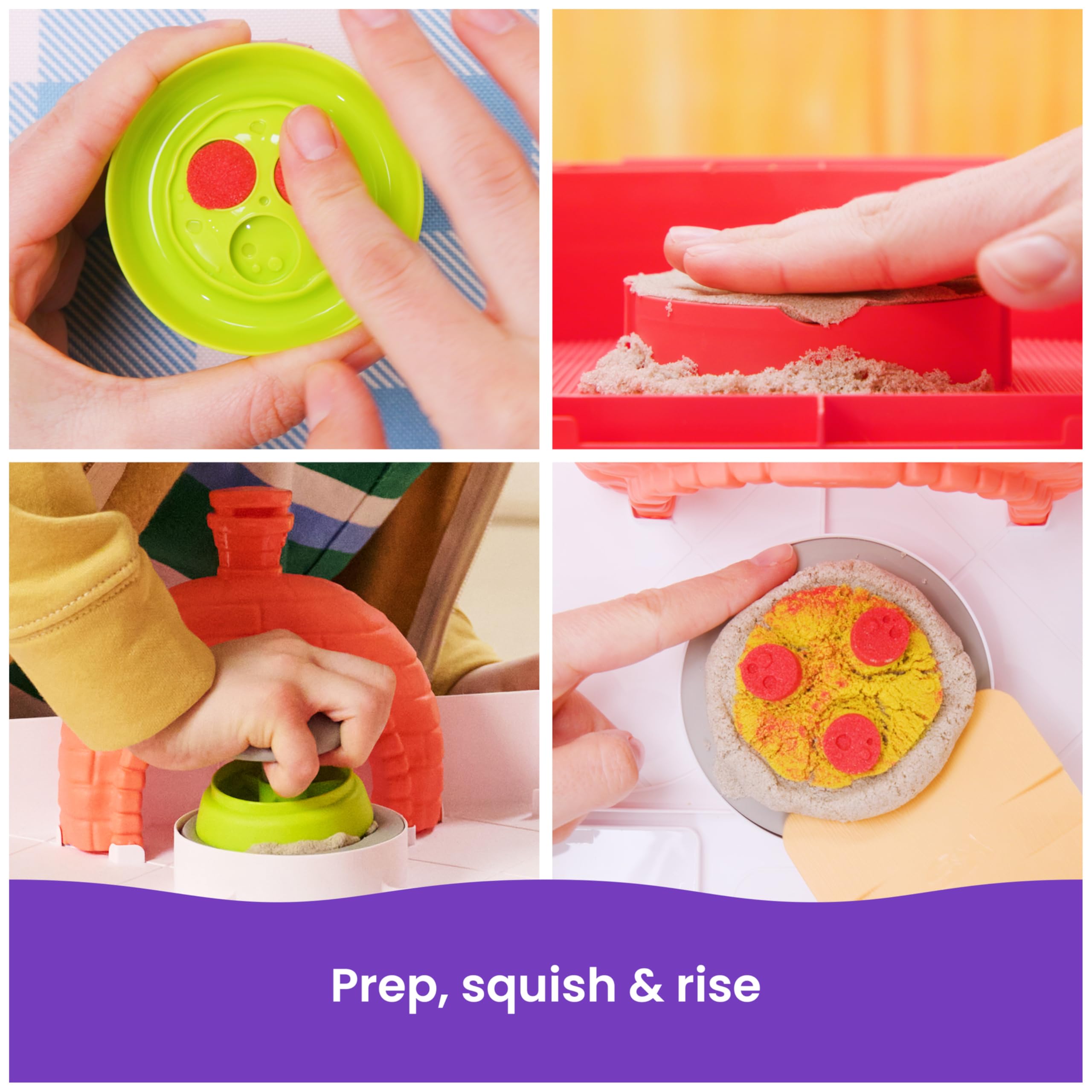 Kinetic Sand, zestaw SquishPizza Rising Pizza z 450 g piasku do zabawy i 5 narzędziami, zabawki dla dziewczynek i chłopców w wieku od 5 lat