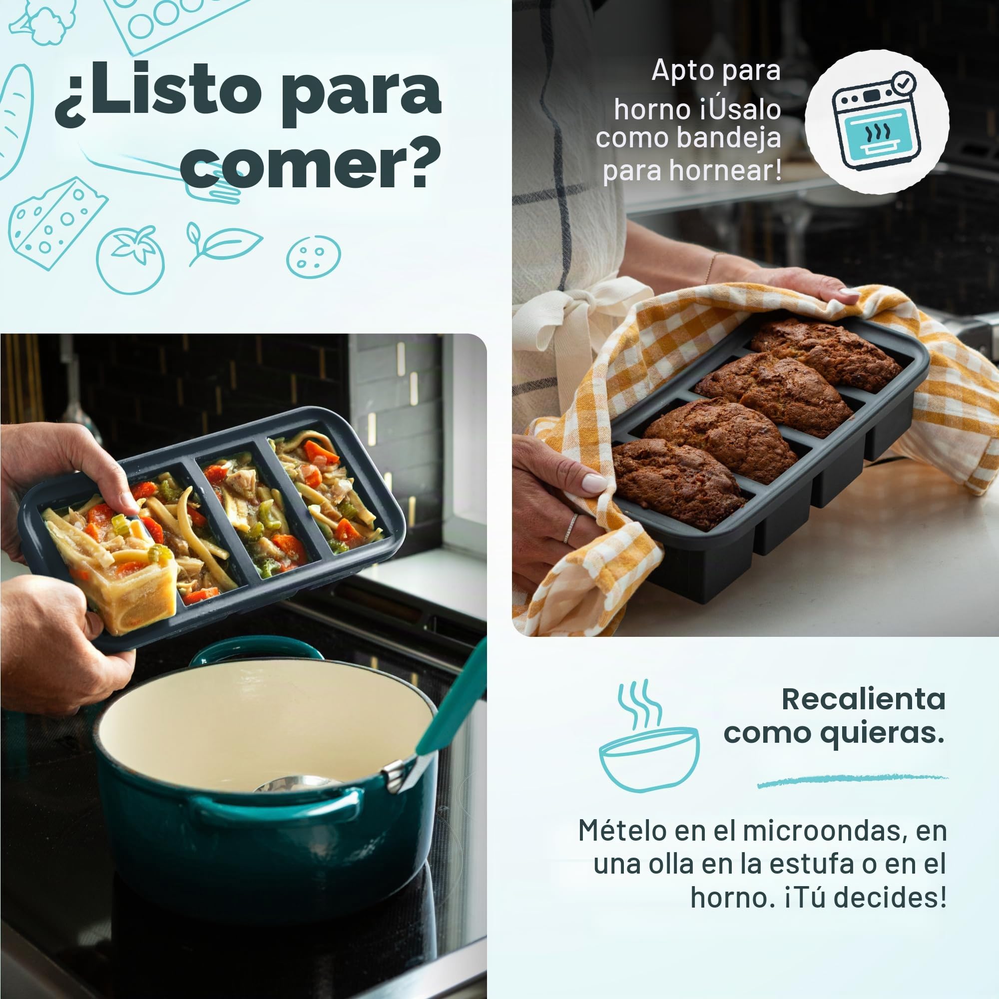 Souper Cubes Moldes de silicona para congelador, contenedor fácil de preparar comidas y solución de almacenamiento de cocina, bandejas de silicona para congelador con tapa para alimentos, sopas,