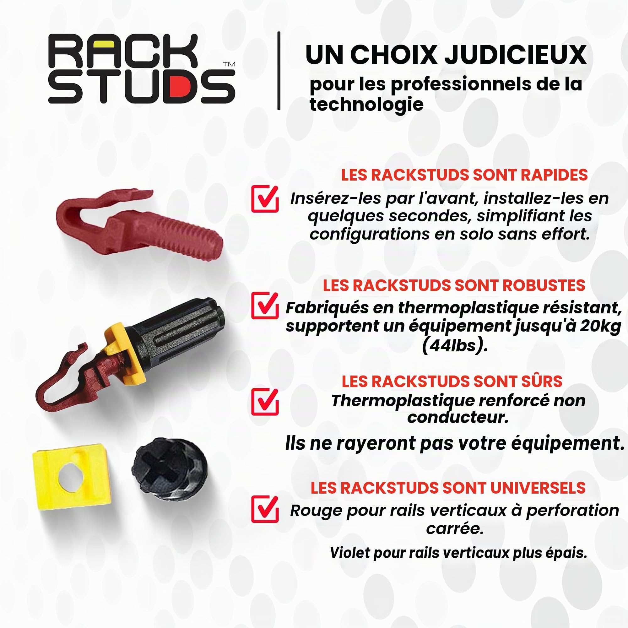 Rackstuds R100 Series II Rack Mount Screws - Vis et écrous pour Rack de Serveur remplaçant Les Rails verticaux 19" à Perforation carrée, sans Utiliser l'outil d'écrous - Rouge 2.22mm/0.086 100 Pack