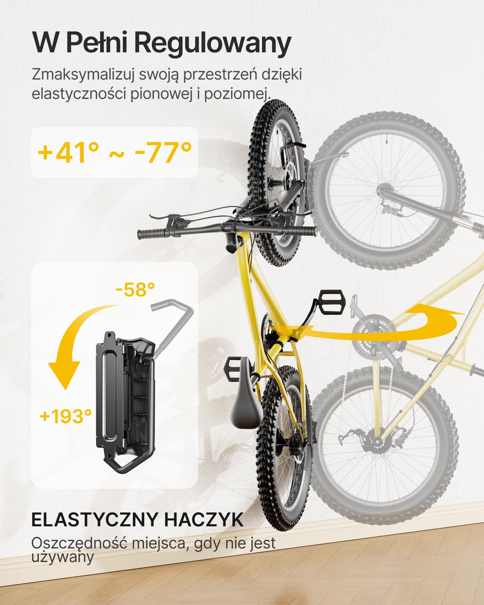 monTEK Obrotowy uchwyt ścienny na rower, powiększone haki rowerowe, do garażu, zestaw 3 szt