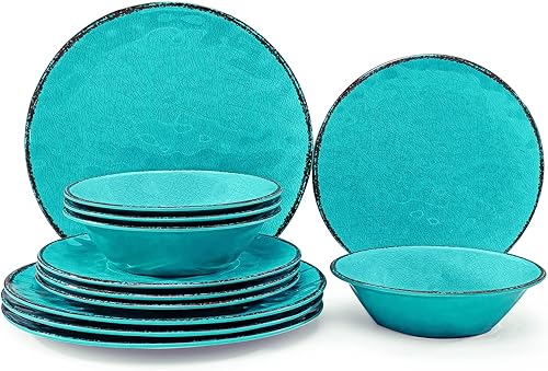 Miniatura 6 de LEHAHA Vajilla rústica de melamina, juego de 12 piezas de plástico para 4, juego de platos y cuencos resistentes a roturas, juego de vajilla para