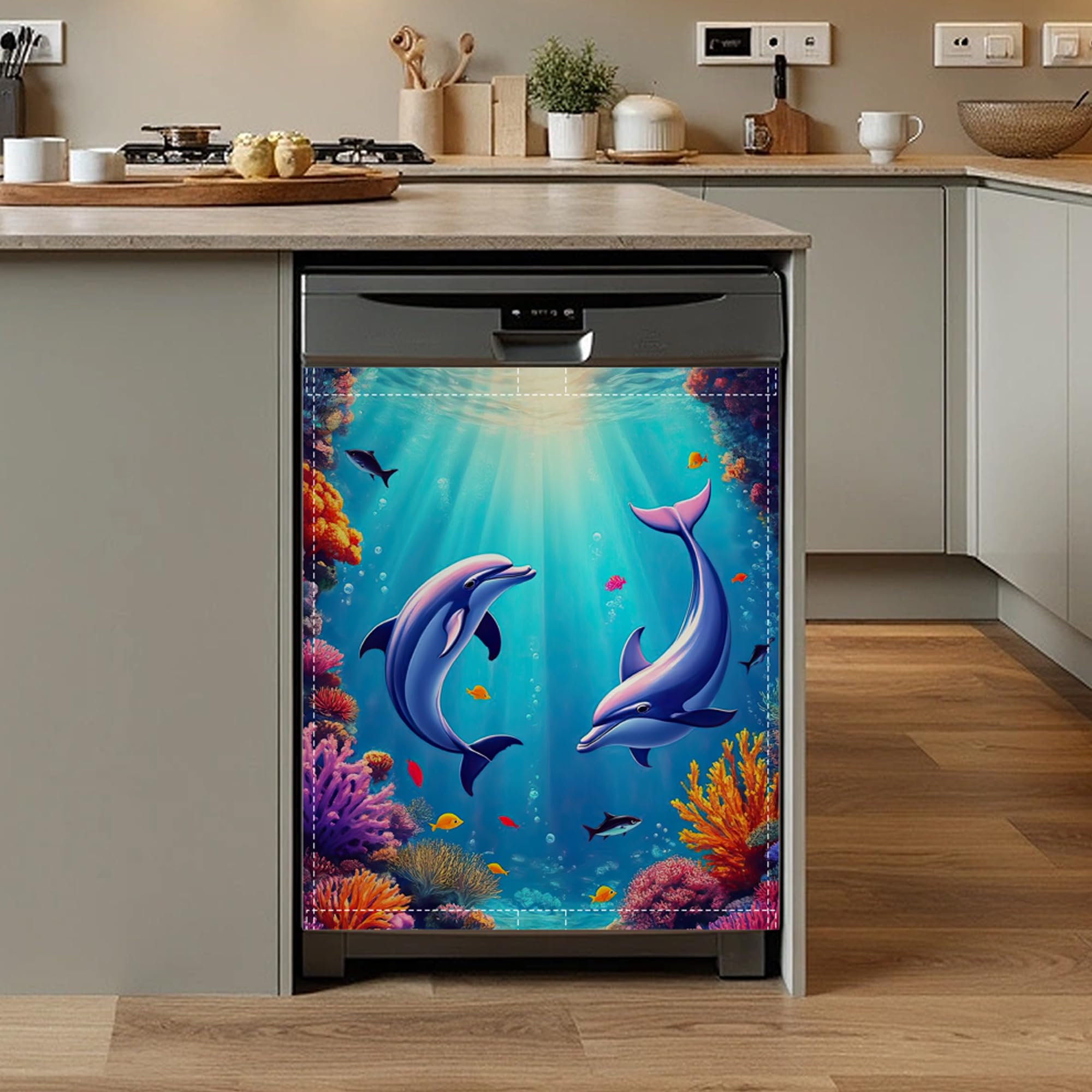 Dolphins Dishwasher Magnet Cover,Front Dishwasher Cover Decoration Reusable Decorative Magnetic Cover for Home Kitcen Appliance 23x26 Inch