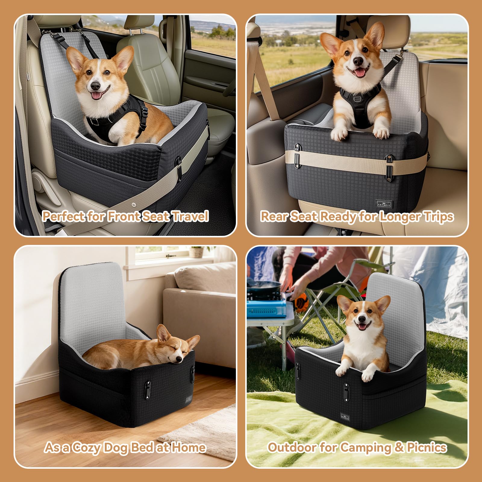 PETSFIT Podwyższony fotelik samochodowy dla małych/średnich psów o wadze do 15 kg – 15 cm, podwyższona poduszka obserwacyjna, smycz bezpieczeństwa 700N, antypoślizgowa podstawa, nadająca się do prania