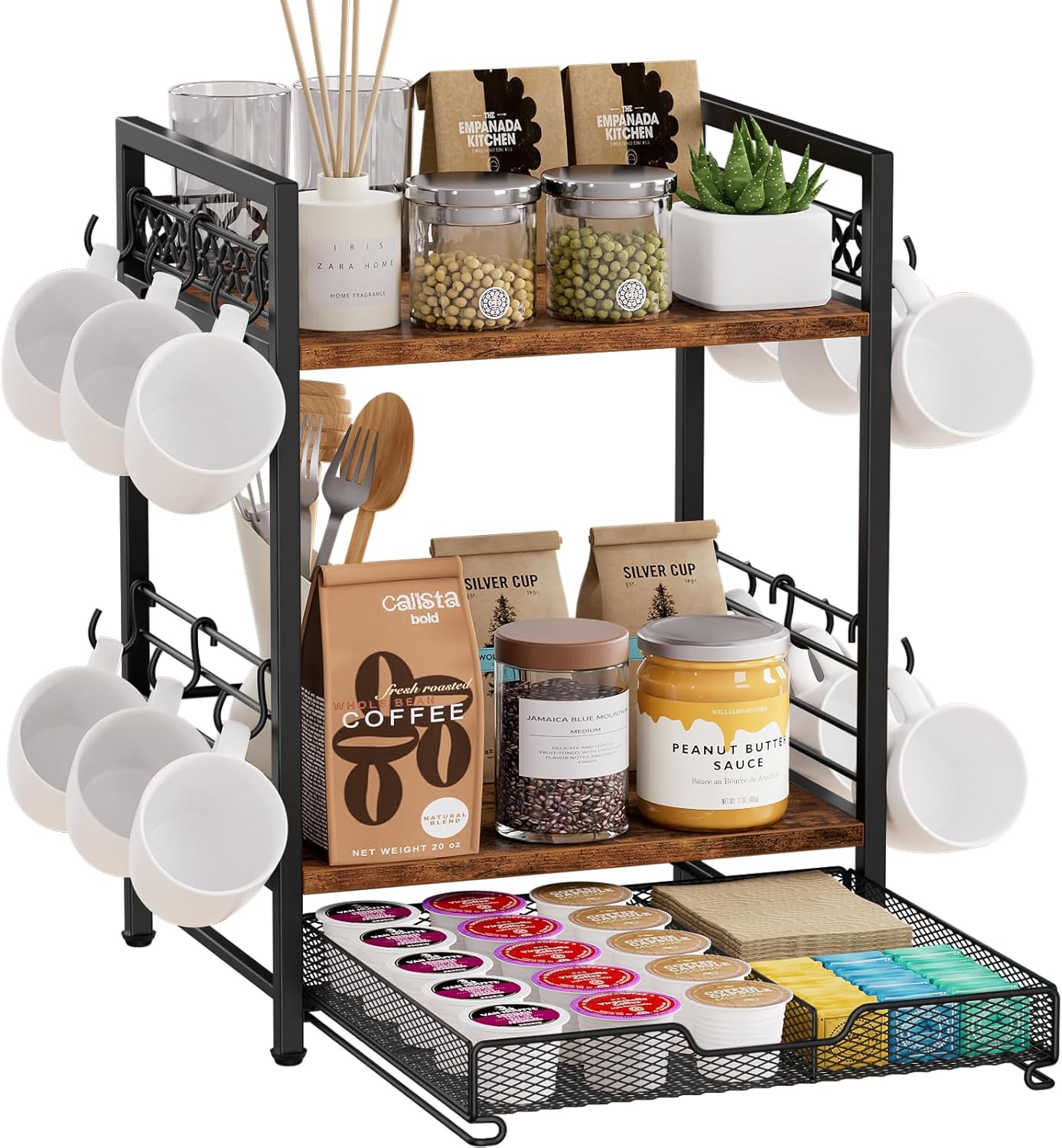 Coffee Bar Organizer 3-Tier Mug Holder with 12 Hooks