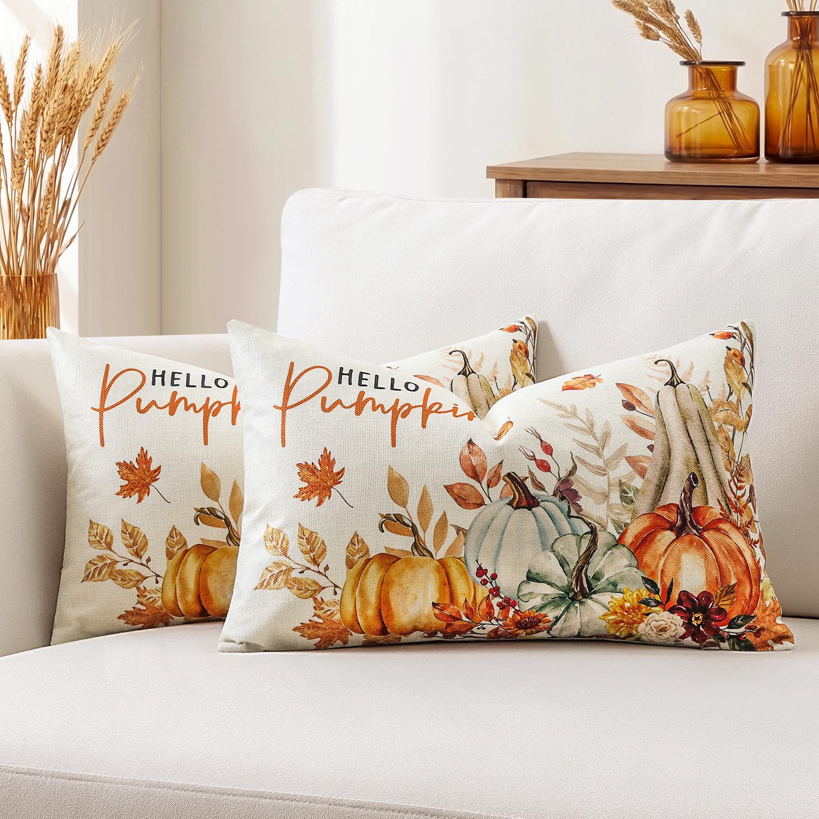Artscope Hello Pumpkin Fall Cushion Covers 40x60cm, Set of 2 Autumn Pillowcases Thanksgiving Pillow Covers for Sofa Living Room Holiday Party Fall Decor Pumpkin and Leaves