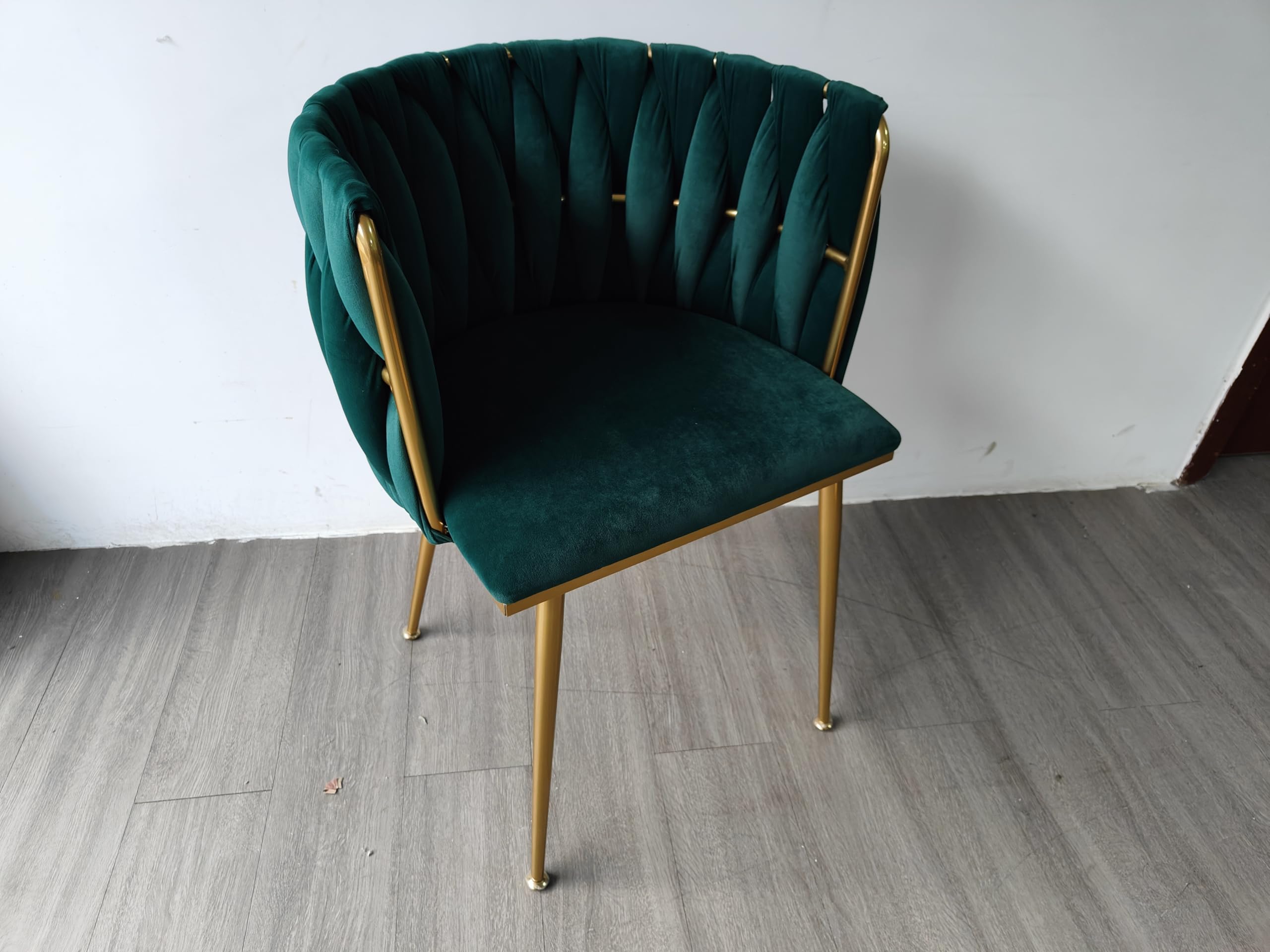 Fnecan Modern Velvet Dining Chairs Set of 2 Green Upholstered Dining Chairs with Gold Metal Legs Woven Backrest Ergonomic Tufted Seat for Dining Room Kitchen Vanity