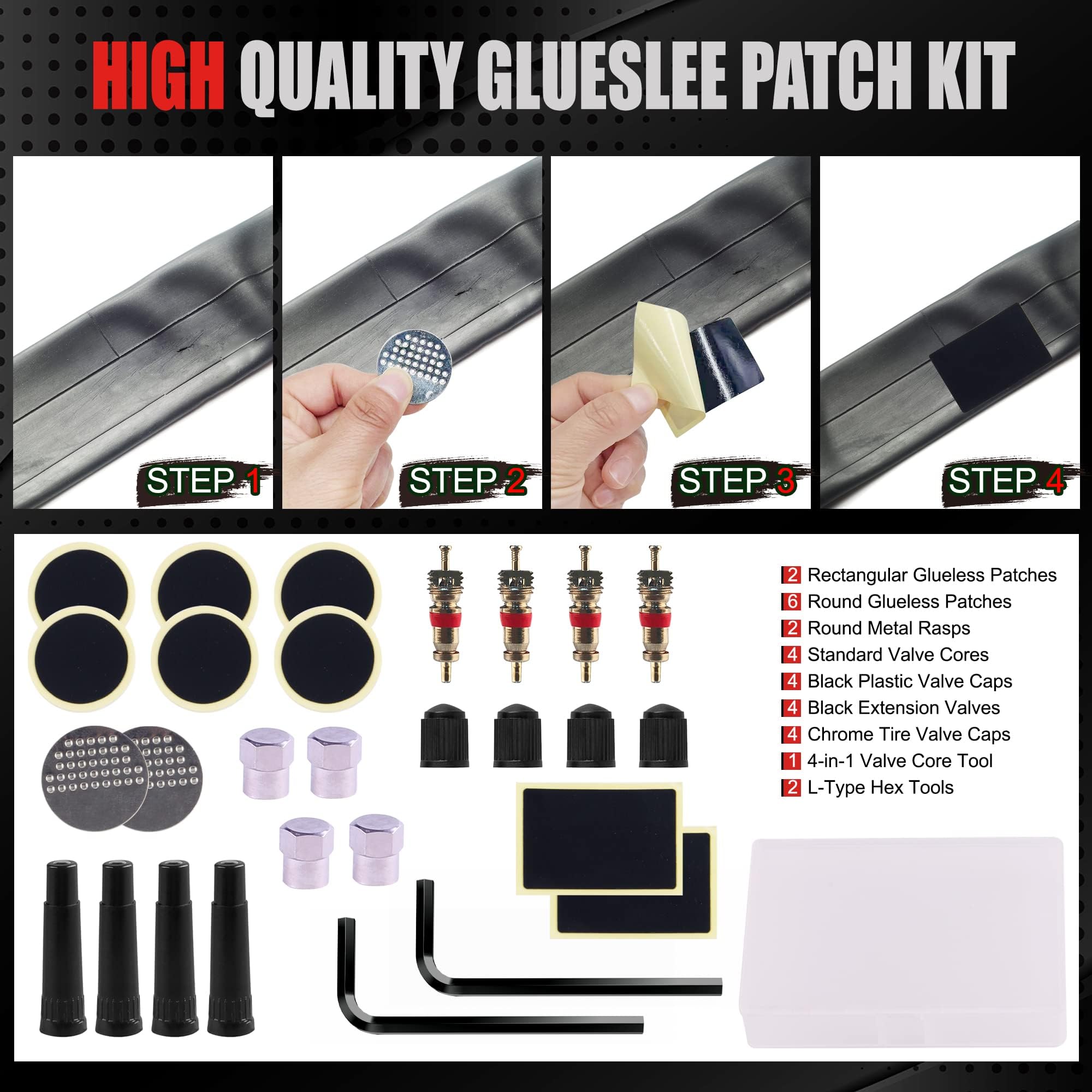 AWELCRAFT Kit de Reparación de Neumáticos de 108 Piezas – Caja de Herramientas Resistente para Camión, Coche, Tractor – Tapones para Pinchazos con Mango en T, Alicates, Herramienta de Válvula 4 Vías