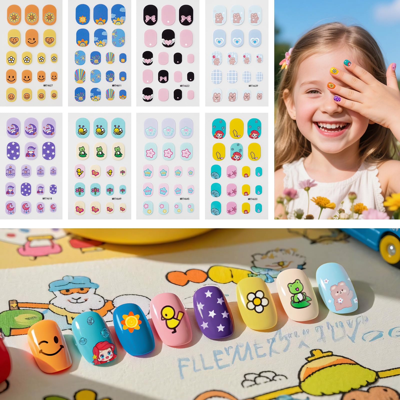 Yakomon Colorful Kid Nail Stickers Kid Fingertip Art Sticker Cute Kids Girls Self Adhesive Nail Strips for Nail Art Decoration Manicure Supplies